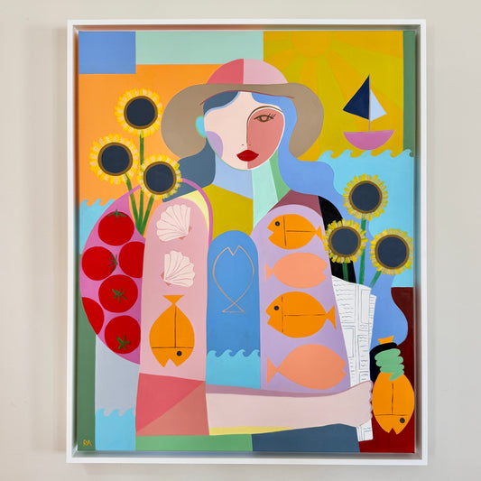 Rebecca Adler Market Day at the Shore Female Expressive Portrait Painting in White Floater Frame