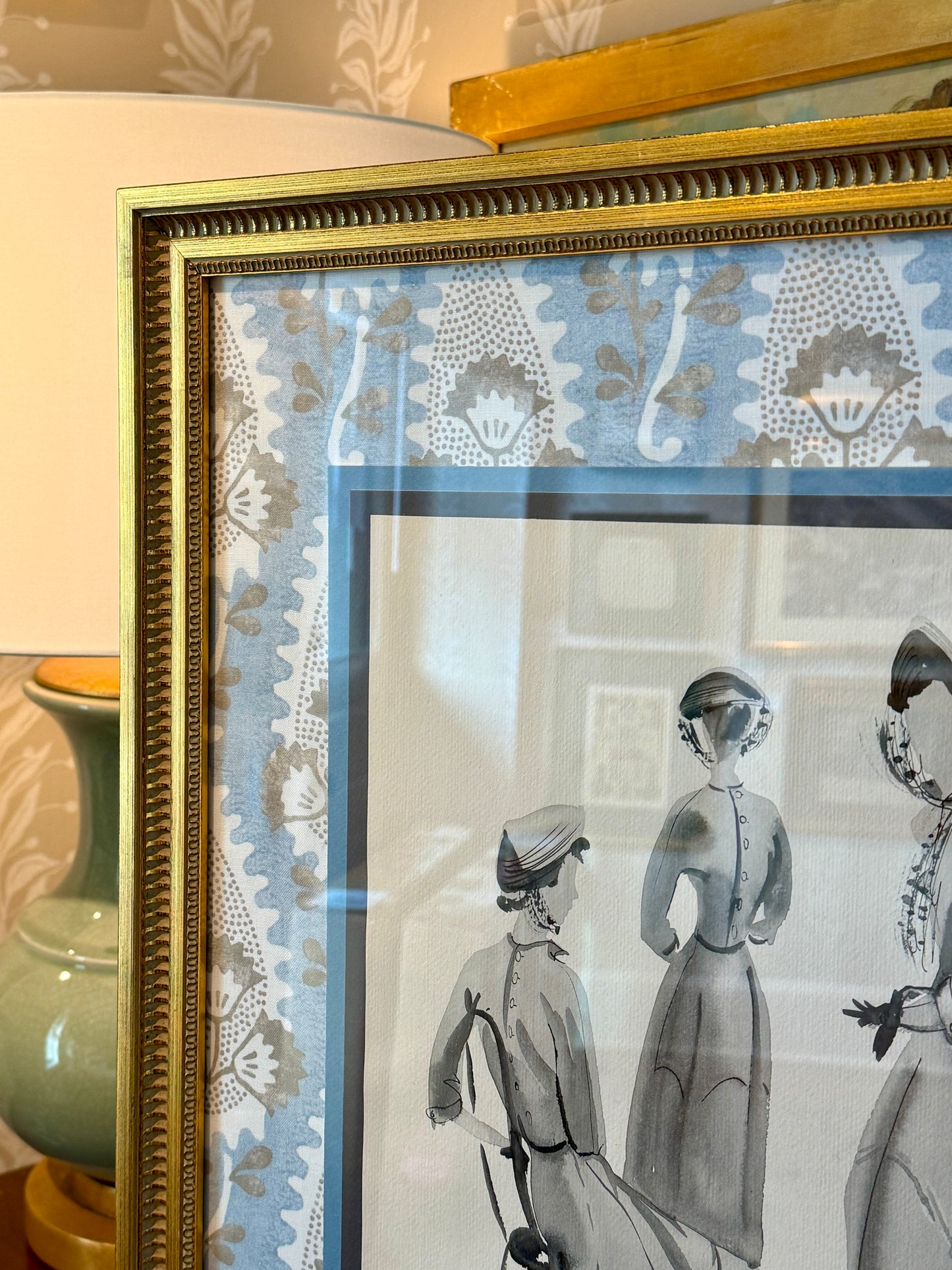 Catherine Figart Vogue Watercolor Fashion Illustration on Anna French Floral in Gold Frame