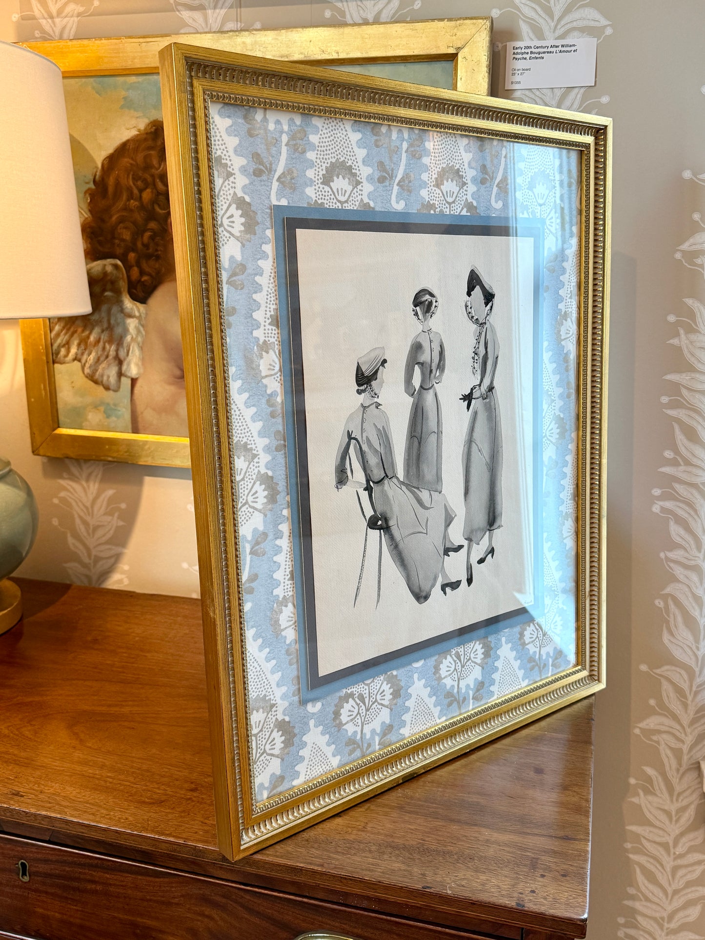 Catherine Figart Vogue Watercolor Fashion Illustration on Anna French Floral in Gold Frame