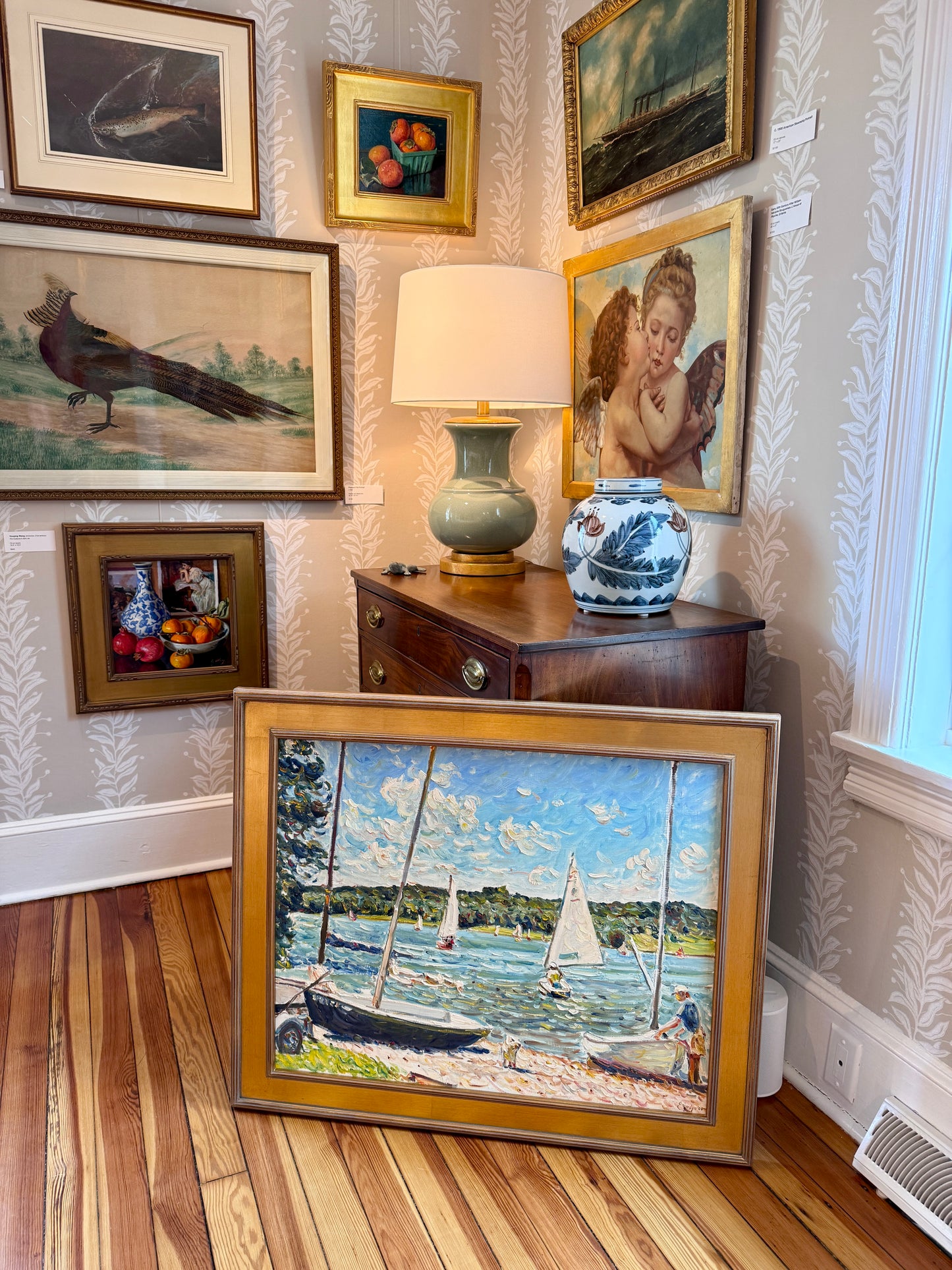 Edmund Jordan September Shores Coastal Landscape Sailboats Oil Painting in Gold Frame