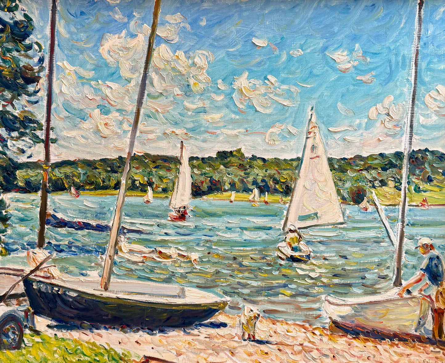 Edmund Jordan September Shores Coastal Landscape Sailboats Oil Painting in Gold Frame