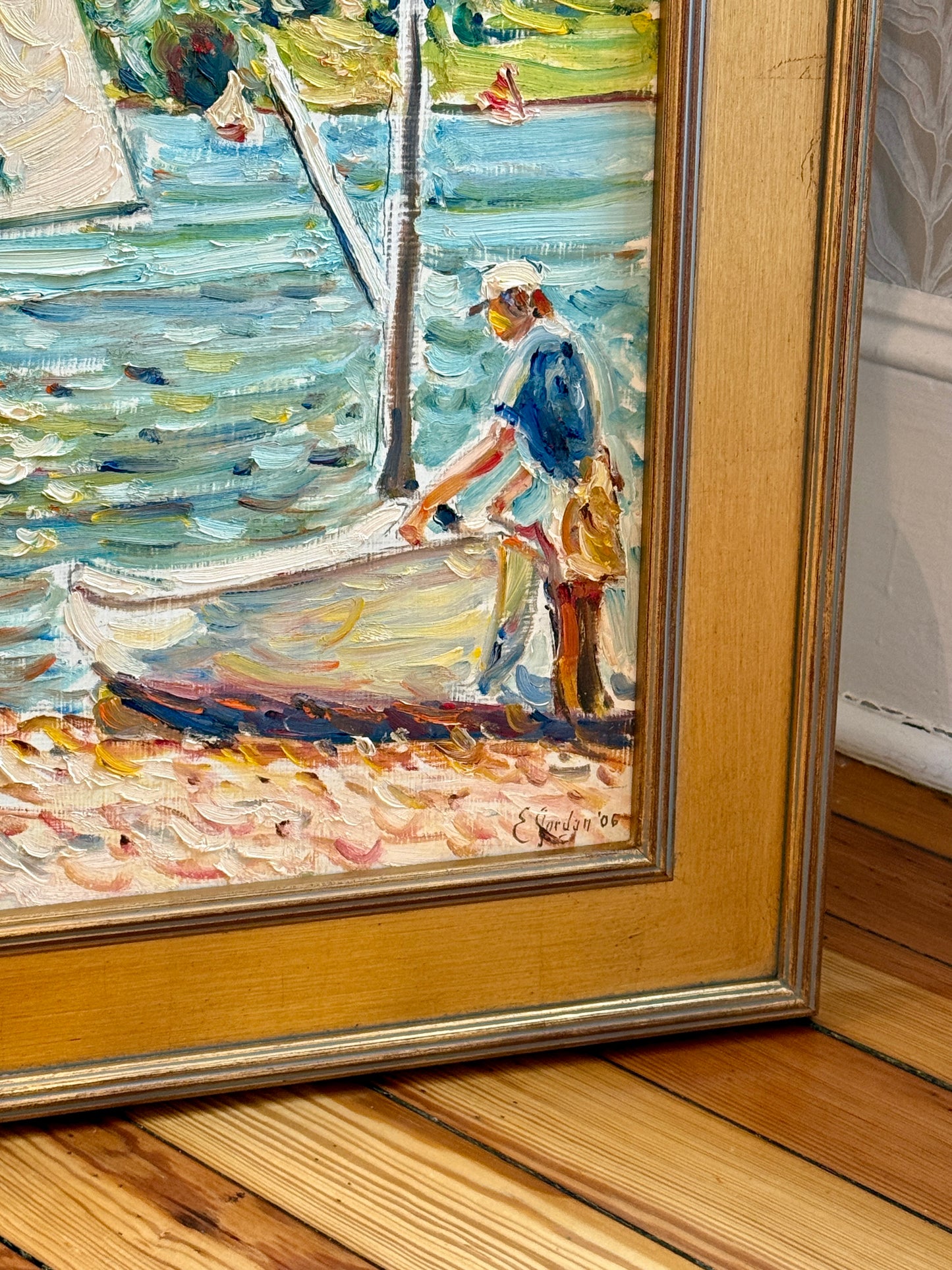 Edmund Jordan September Shores Coastal Landscape Sailboats Oil Painting in Gold Frame