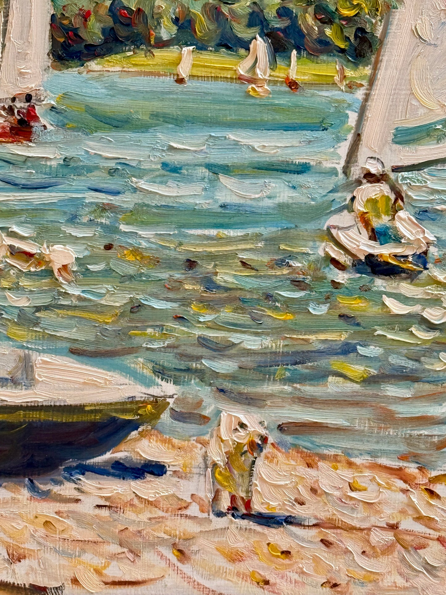 Edmund Jordan September Shores Coastal Landscape Sailboats Oil Painting in Gold Frame