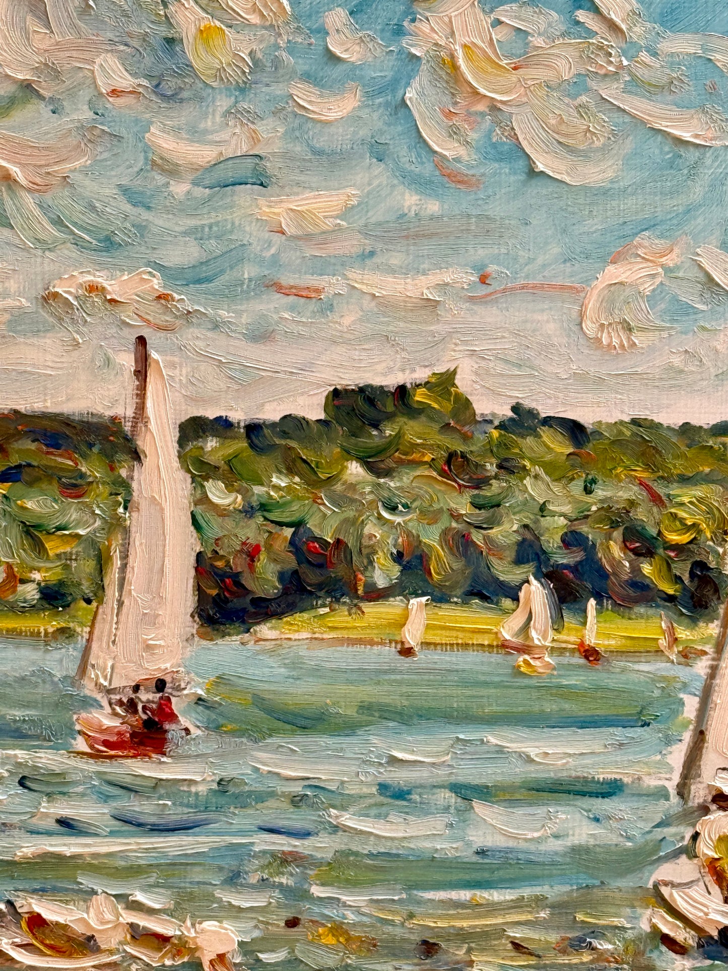 Edmund Jordan September Shores Coastal Landscape Sailboats Oil Painting in Gold Frame