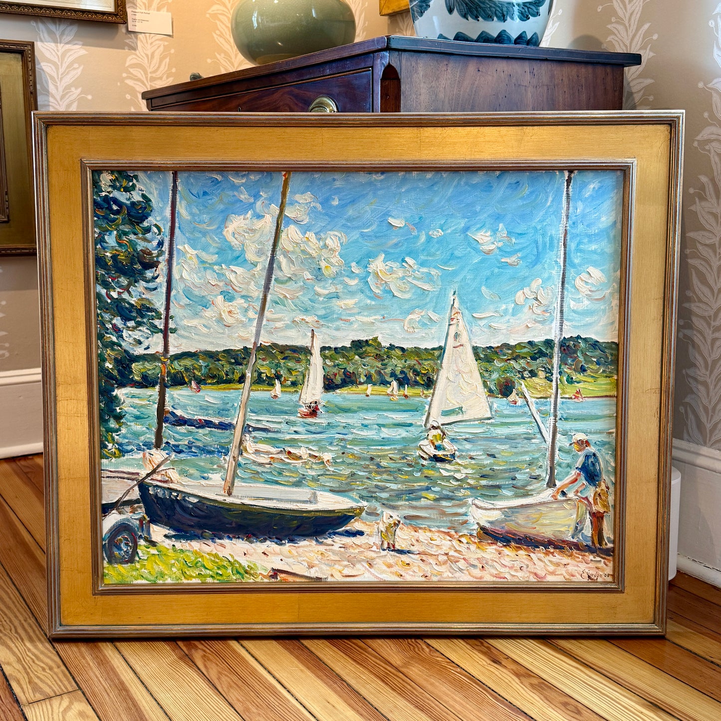 Edmund Jordan September Shores Coastal Landscape Sailboats Oil Painting in Gold Frame