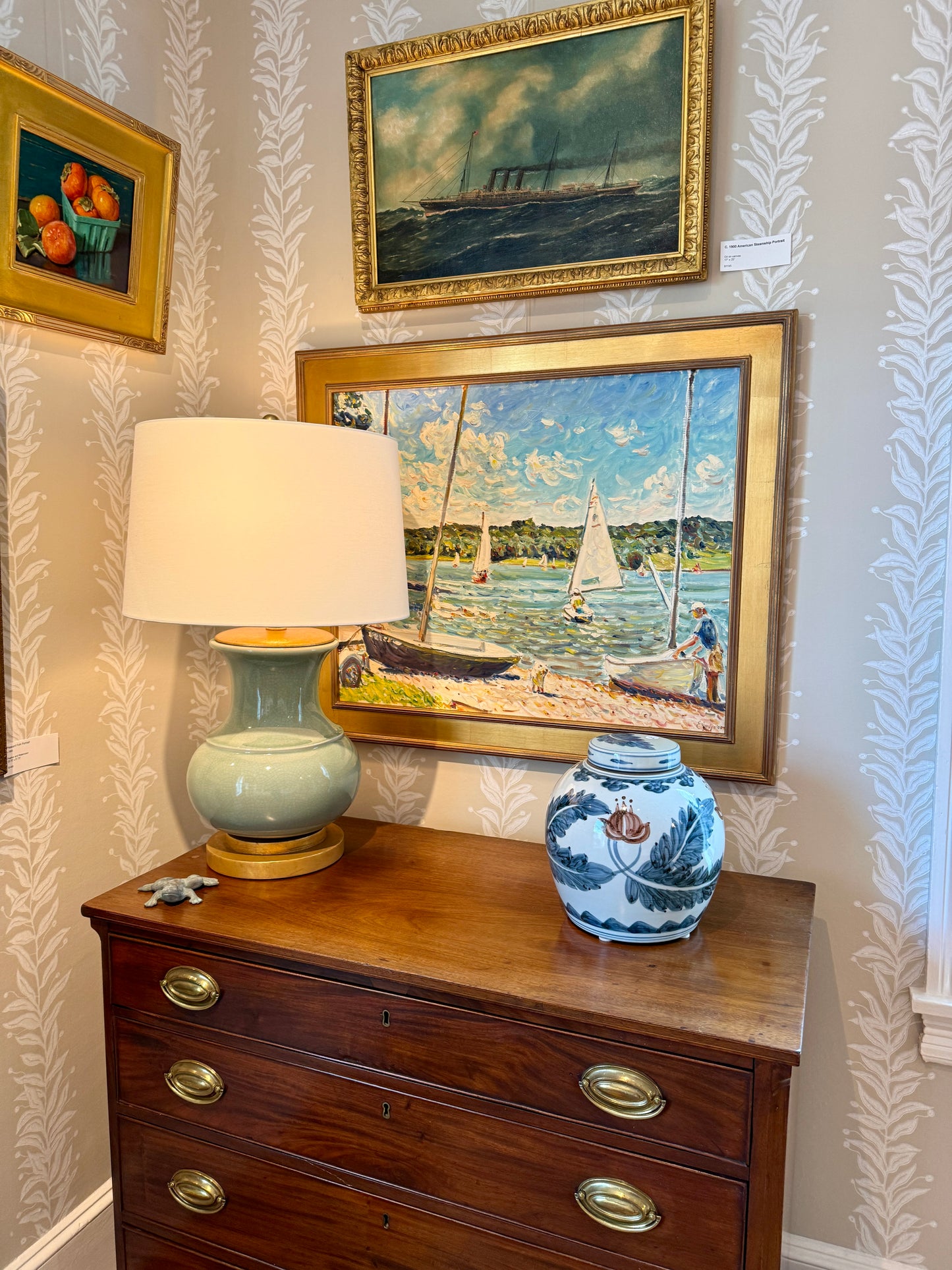 Edmund Jordan September Shores Coastal Landscape Sailboats Oil Painting in Gold Frame