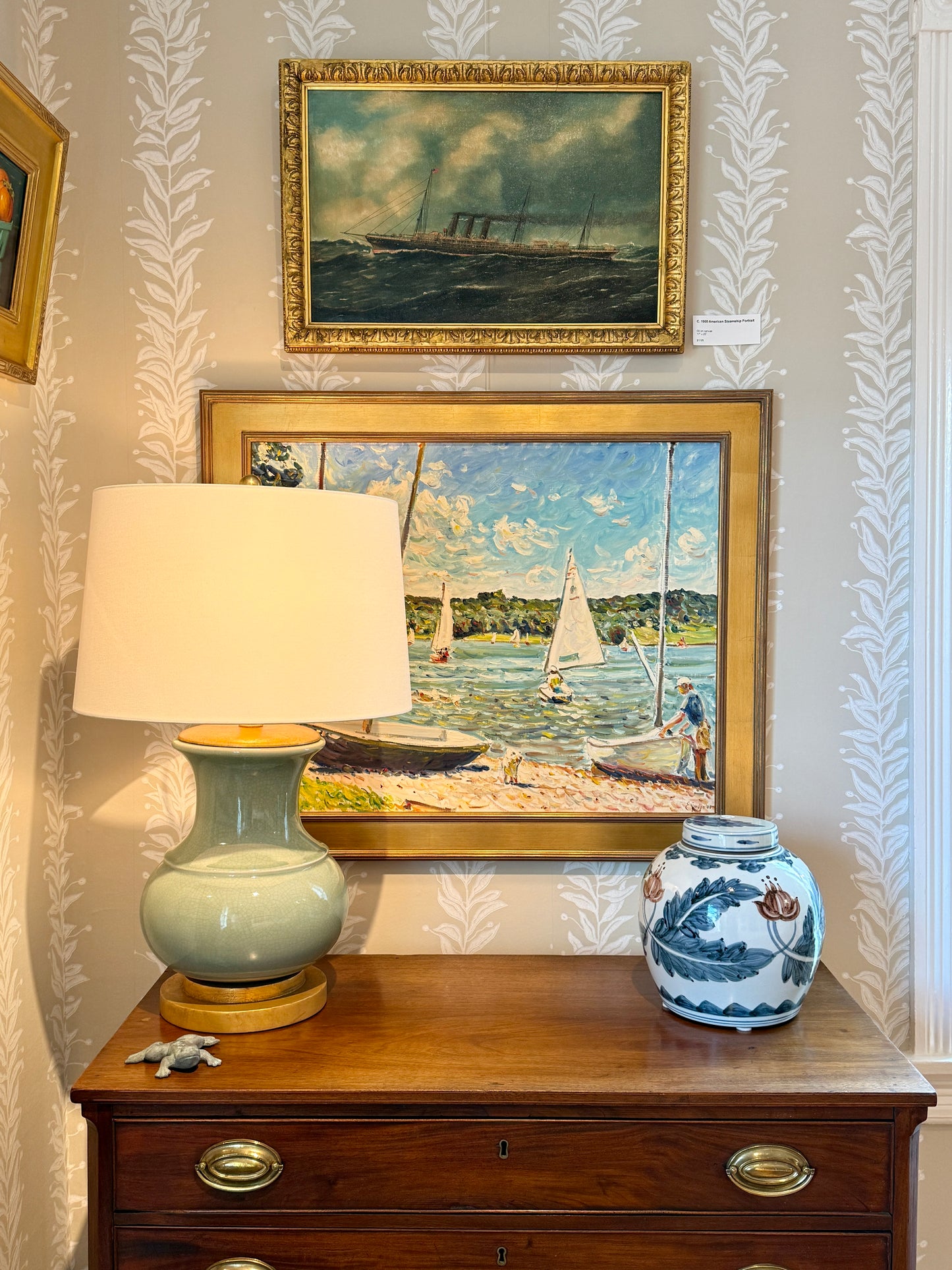 Edmund Jordan September Shores Coastal Landscape Sailboats Oil Painting in Gold Frame