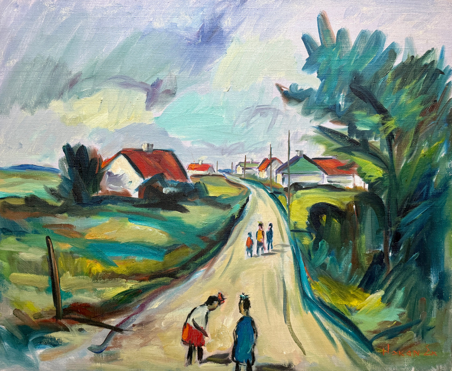 Mid Century Expressionist Walk from School Colorful Landscape Oil Painting in Gold Frame
