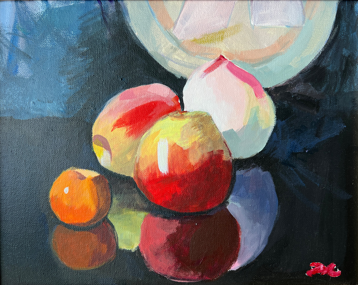 Colorful Fruit Still Life Painting on Navy in Gold Frame