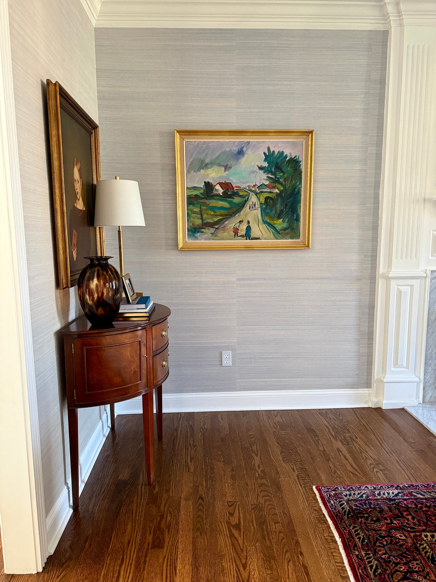 Mid Century Expressionist Walk from School Colorful Landscape Oil Painting in Gold Frame