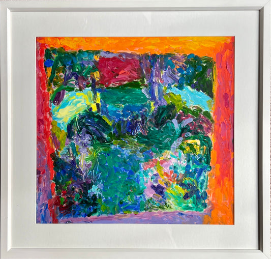 Colorful Abstract Landscape Painting in White Frame