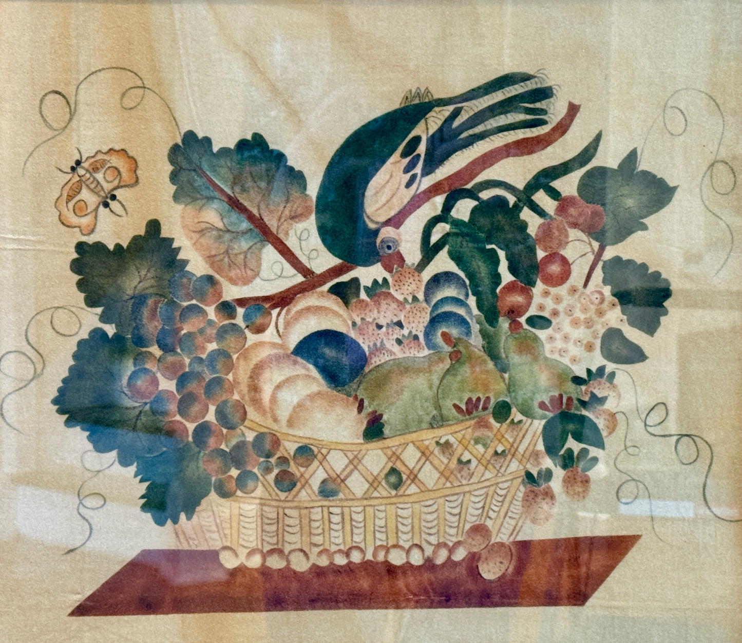 20th Century Oil on Velvet Theorem in Birdsye Maple Frame