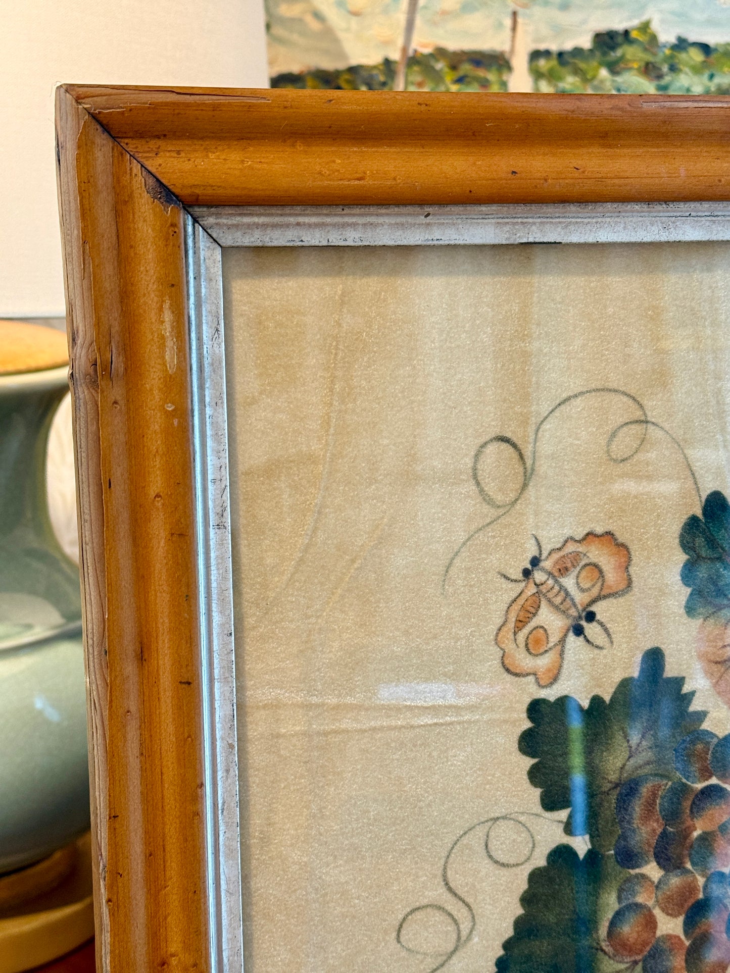 20th Century Oil on Velvet Theorem in Birdsye Maple Frame