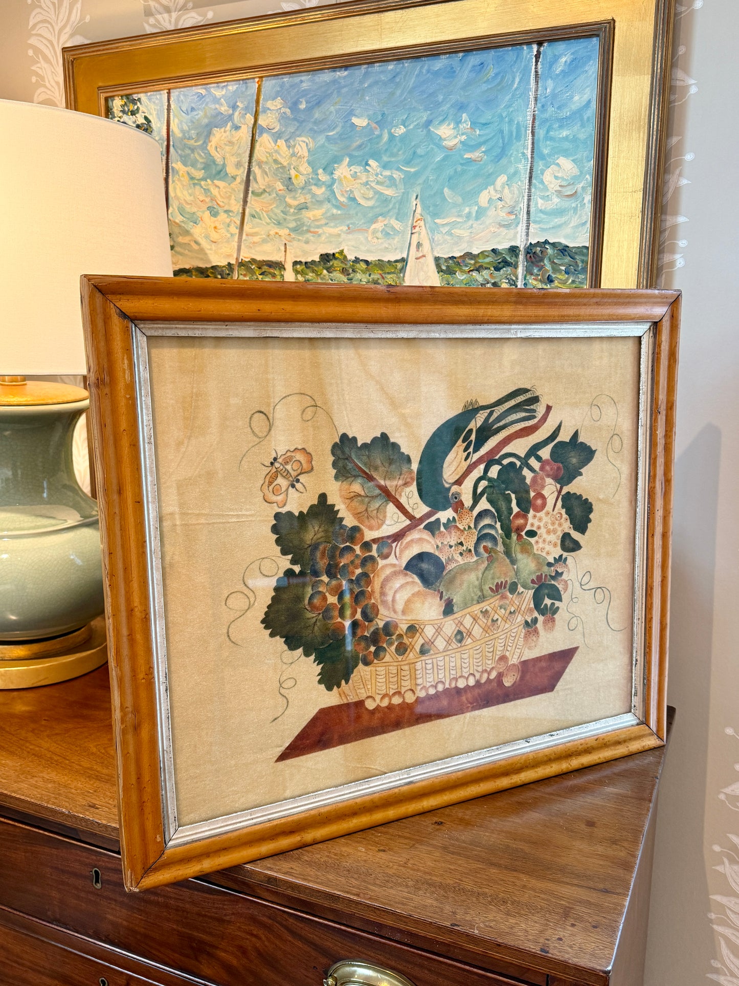 20th Century Oil on Velvet Theorem in Birdsye Maple Frame