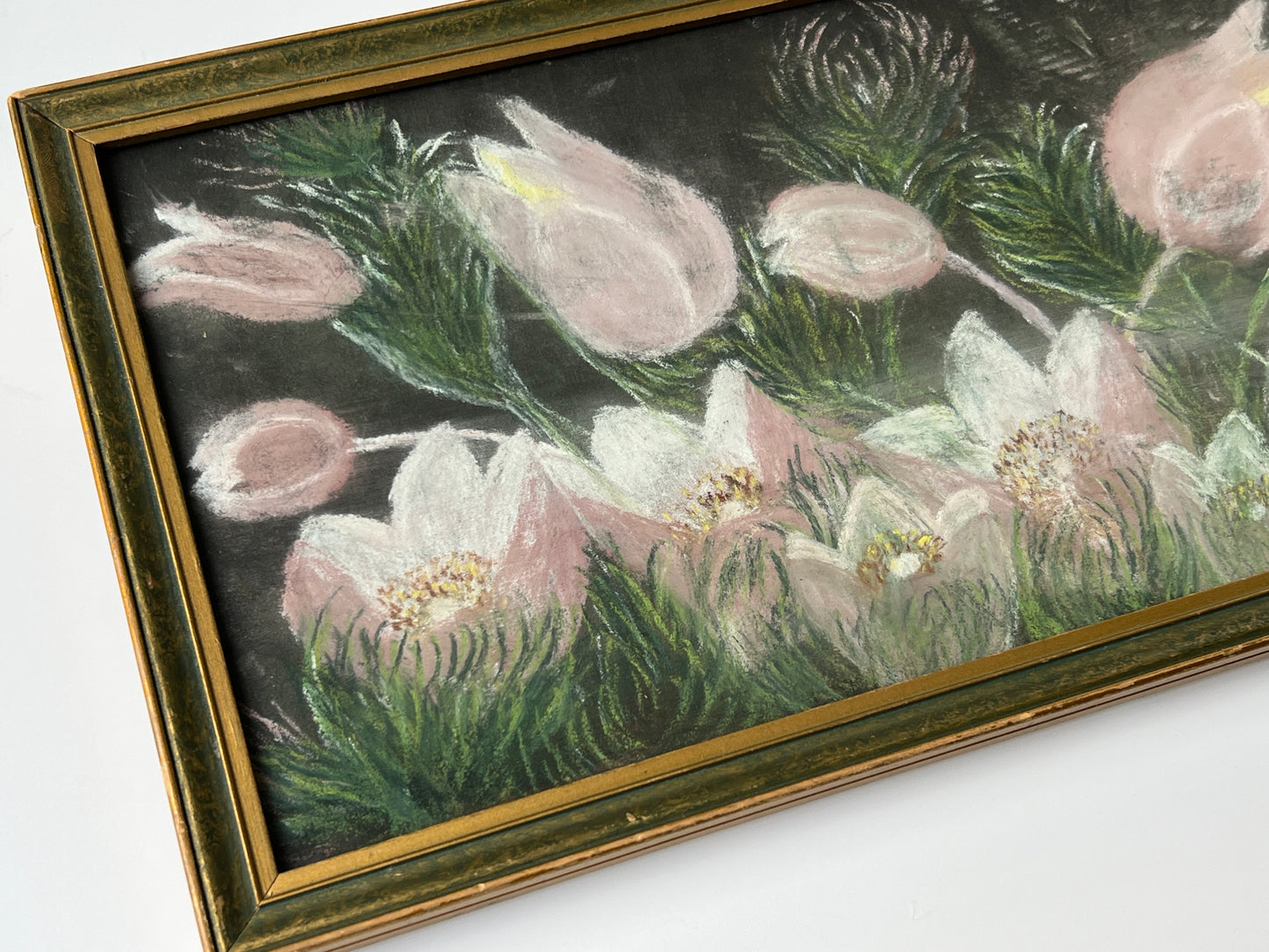 Antique Pink Tulip Garden Landscape in Green and Gold Frame