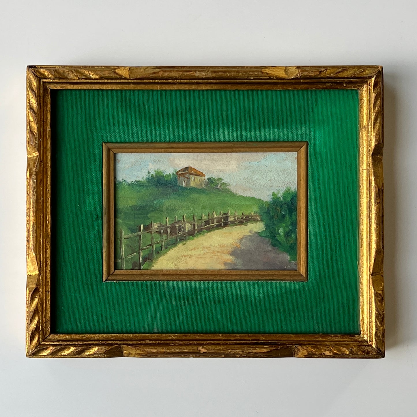 20th century Country Road Landscape Oil Painting in Velvet Mat and Carved Gold Frame