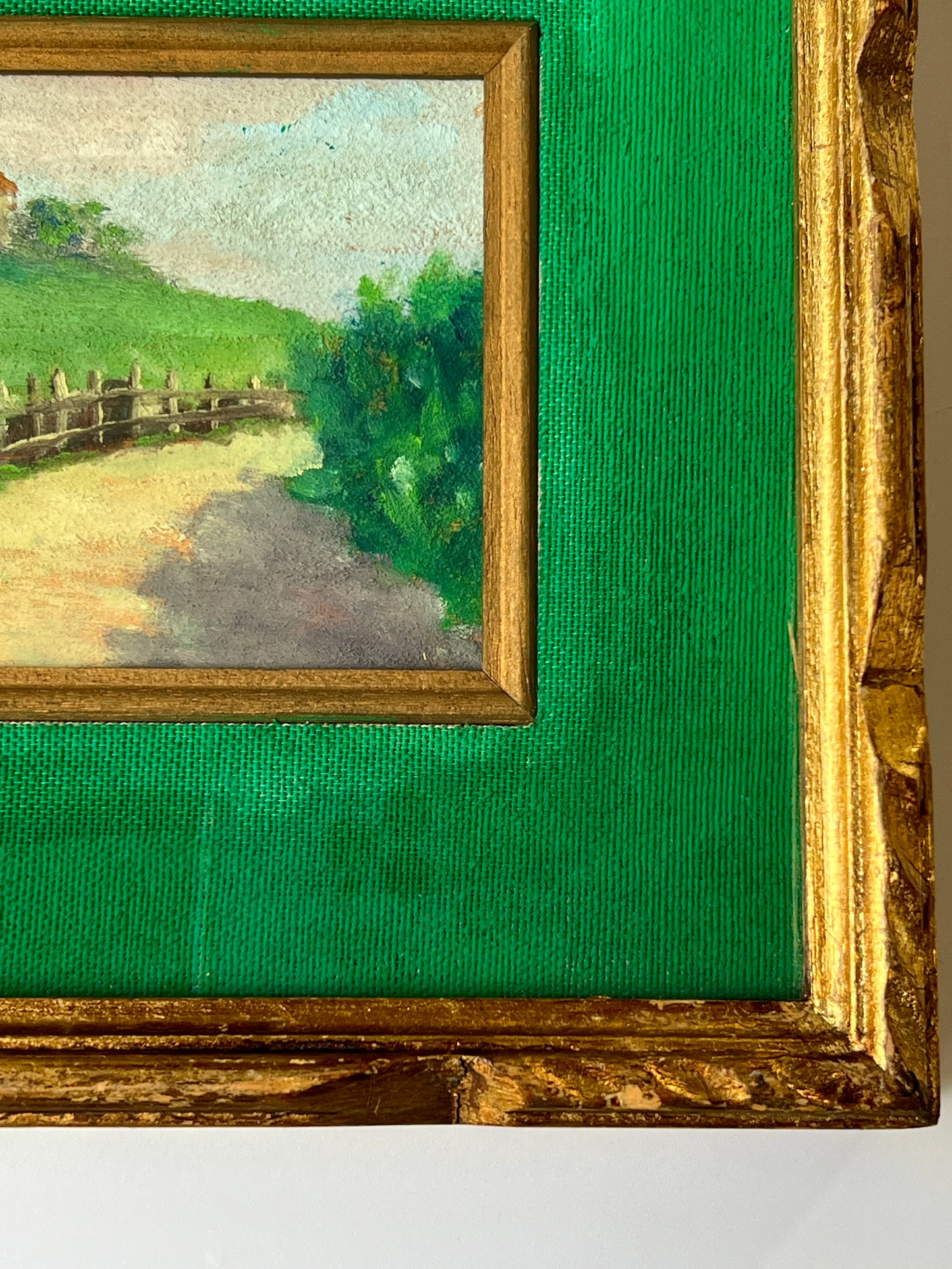 20th century Country Road Landscape Oil Painting in Velvet Mat and Carved Gold Frame