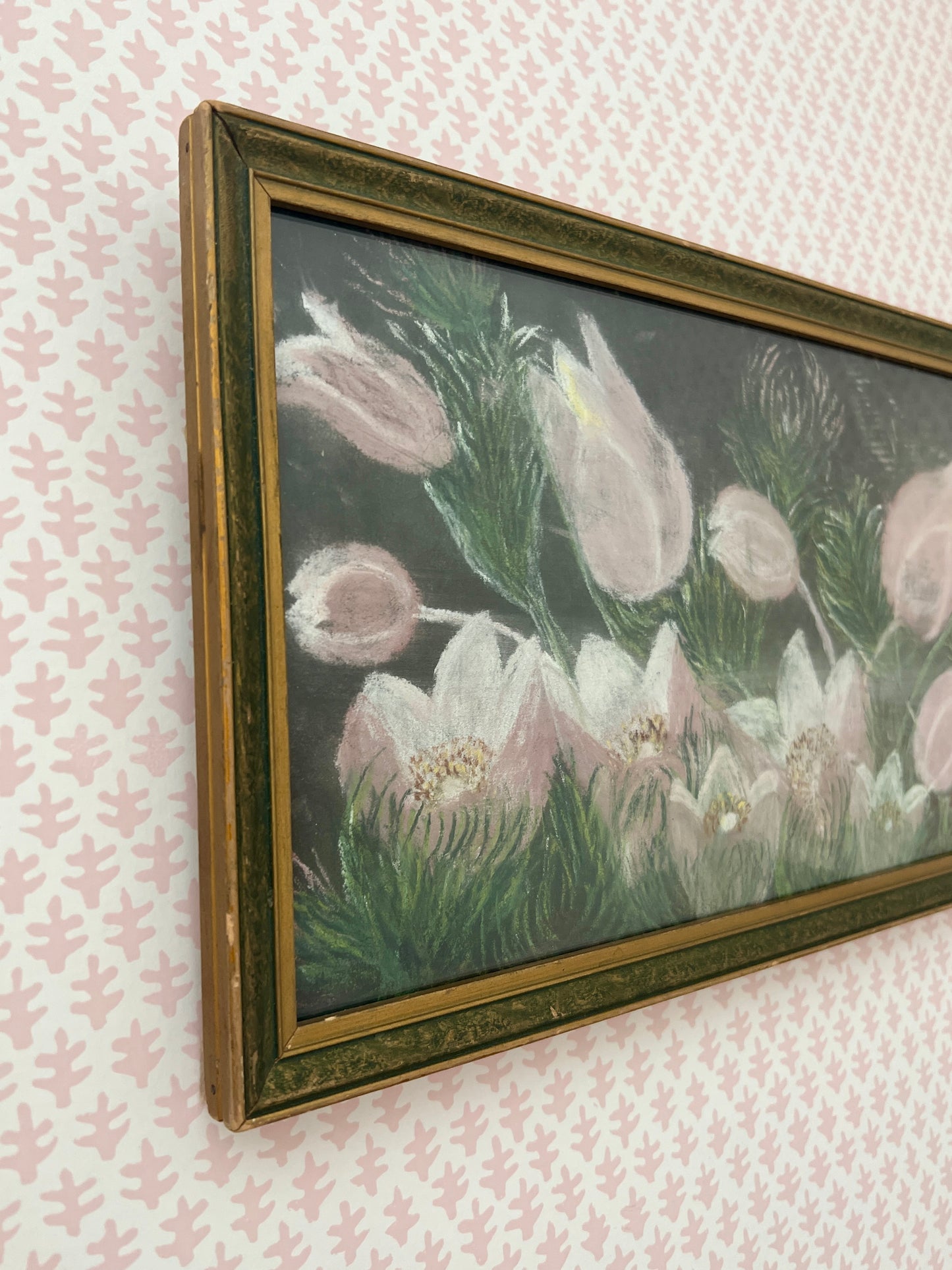 Antique Pink Tulip Garden Landscape in Green and Gold Frame