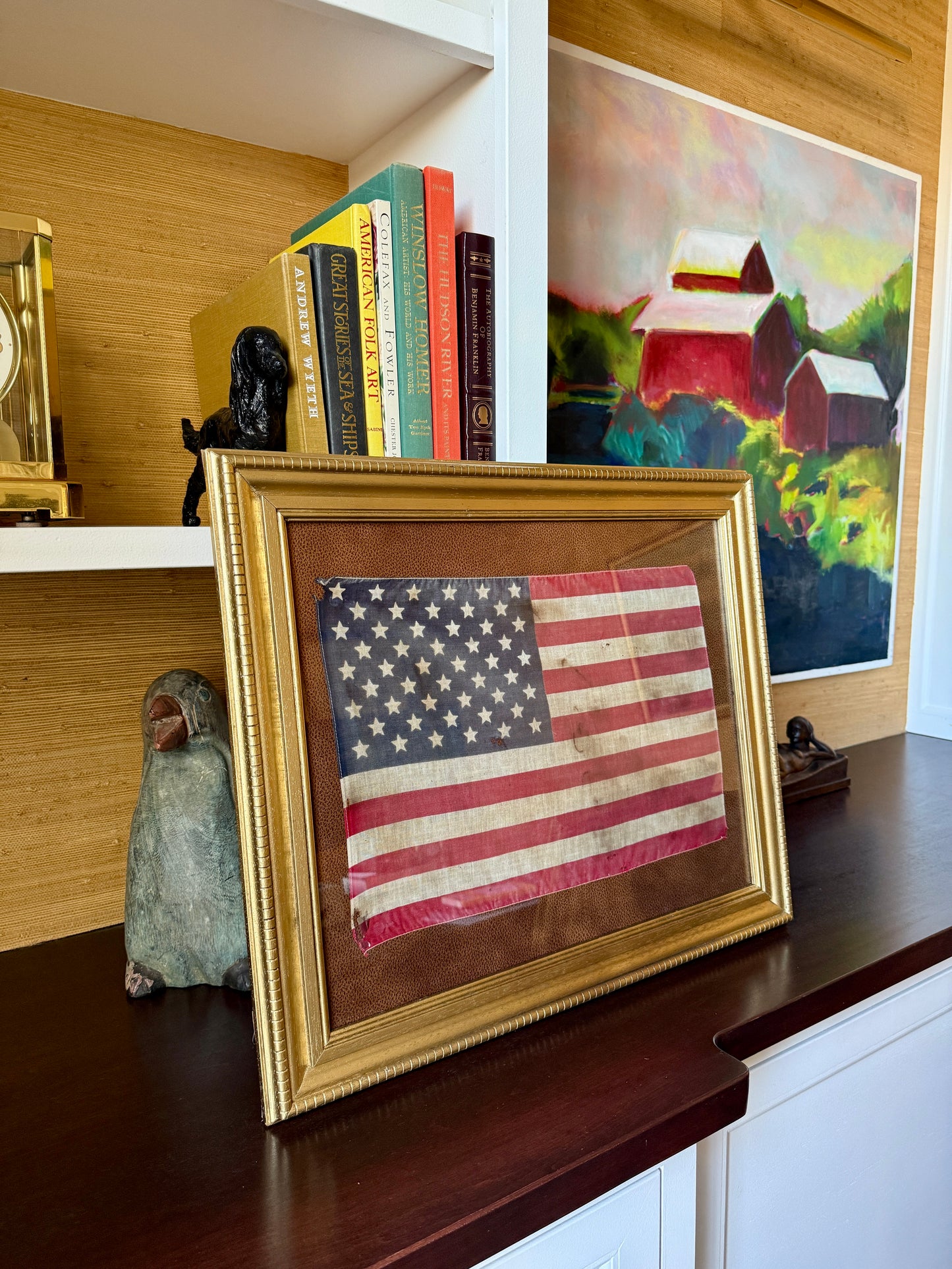 Vintage 50 Star American Flag on Faux Leather in Gold Frame