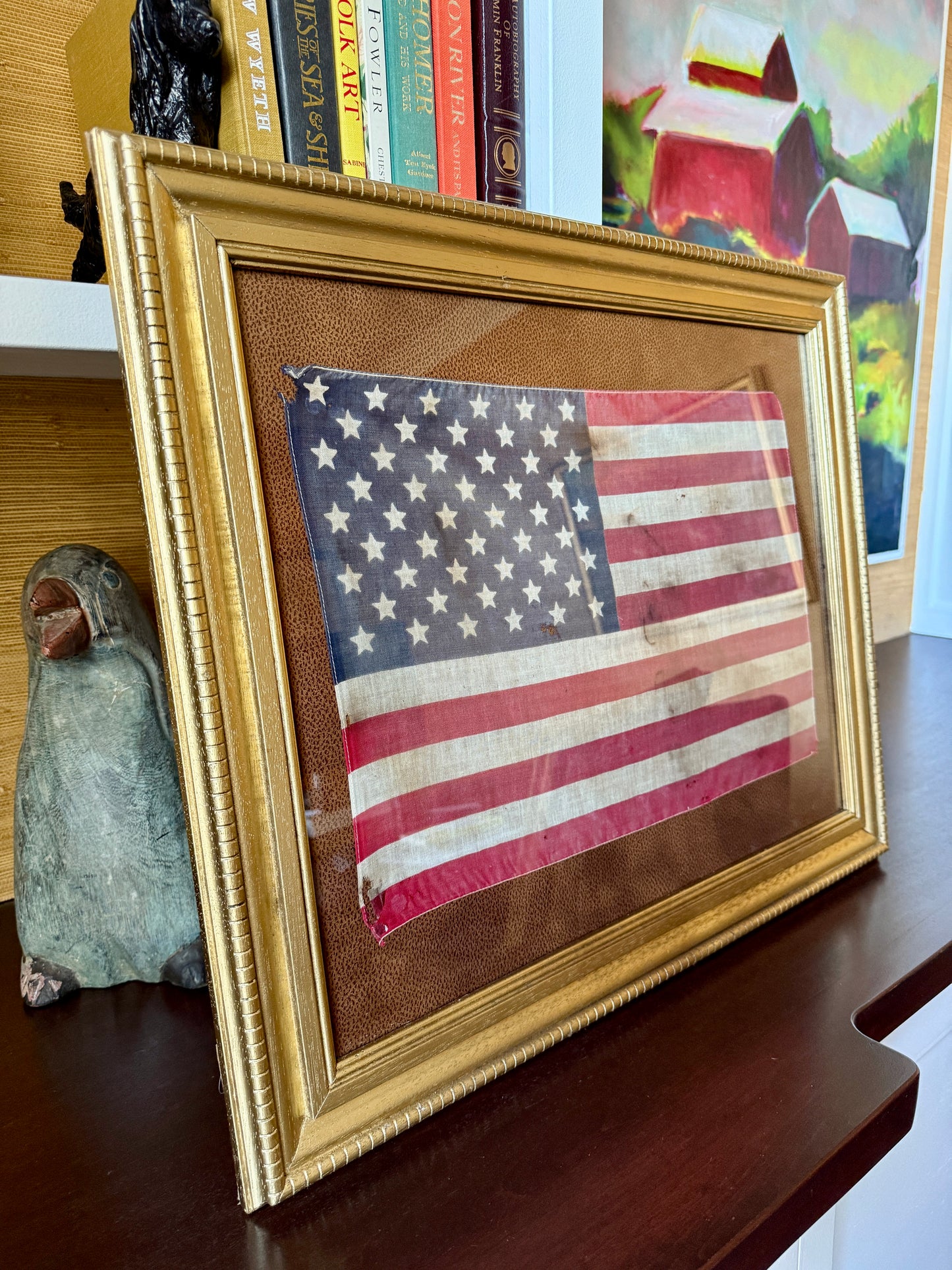 Vintage 50 Star American Flag on Faux Leather in Gold Frame