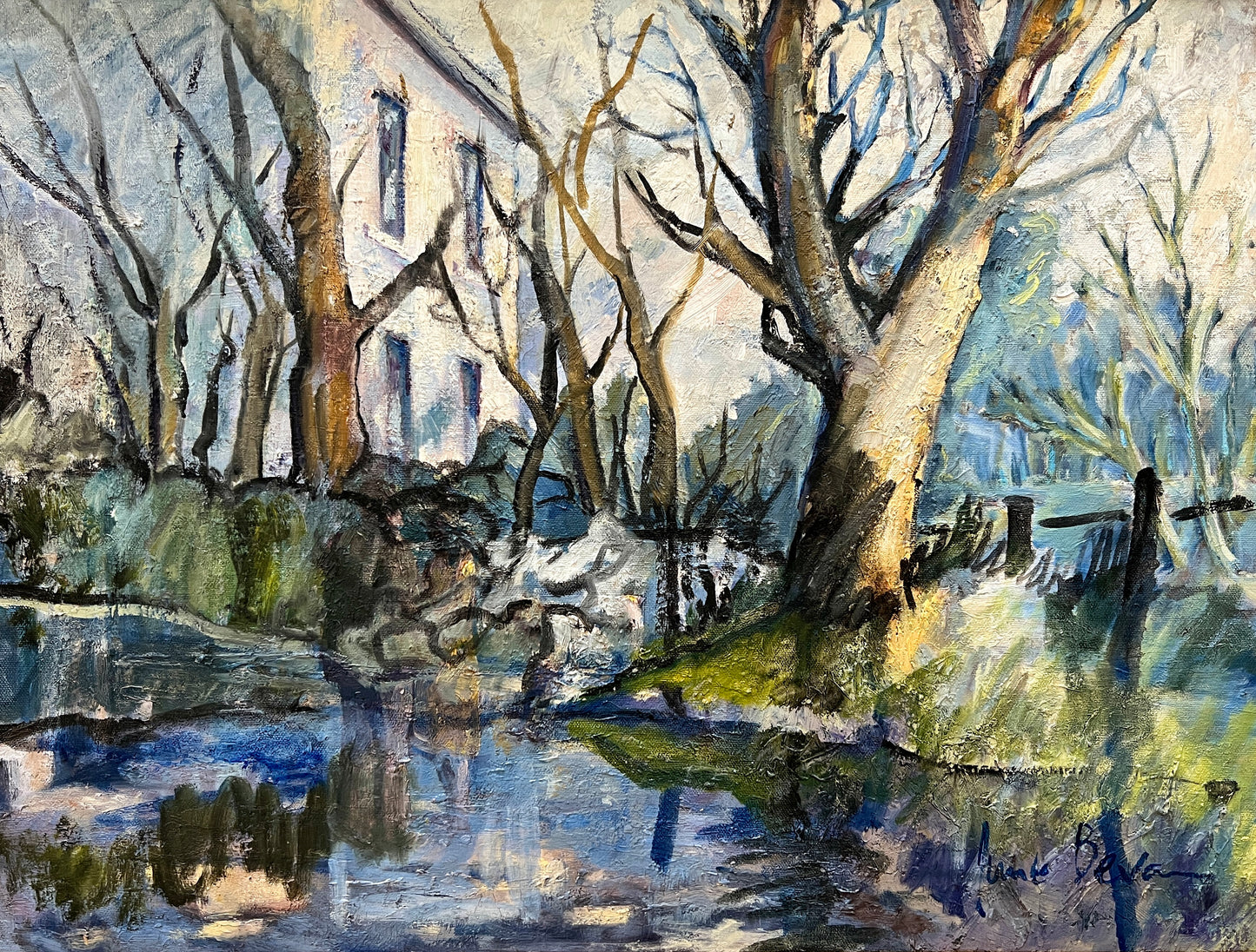 June Bevan "Blue Water" Landscape Oil Painting in Gold Frame
