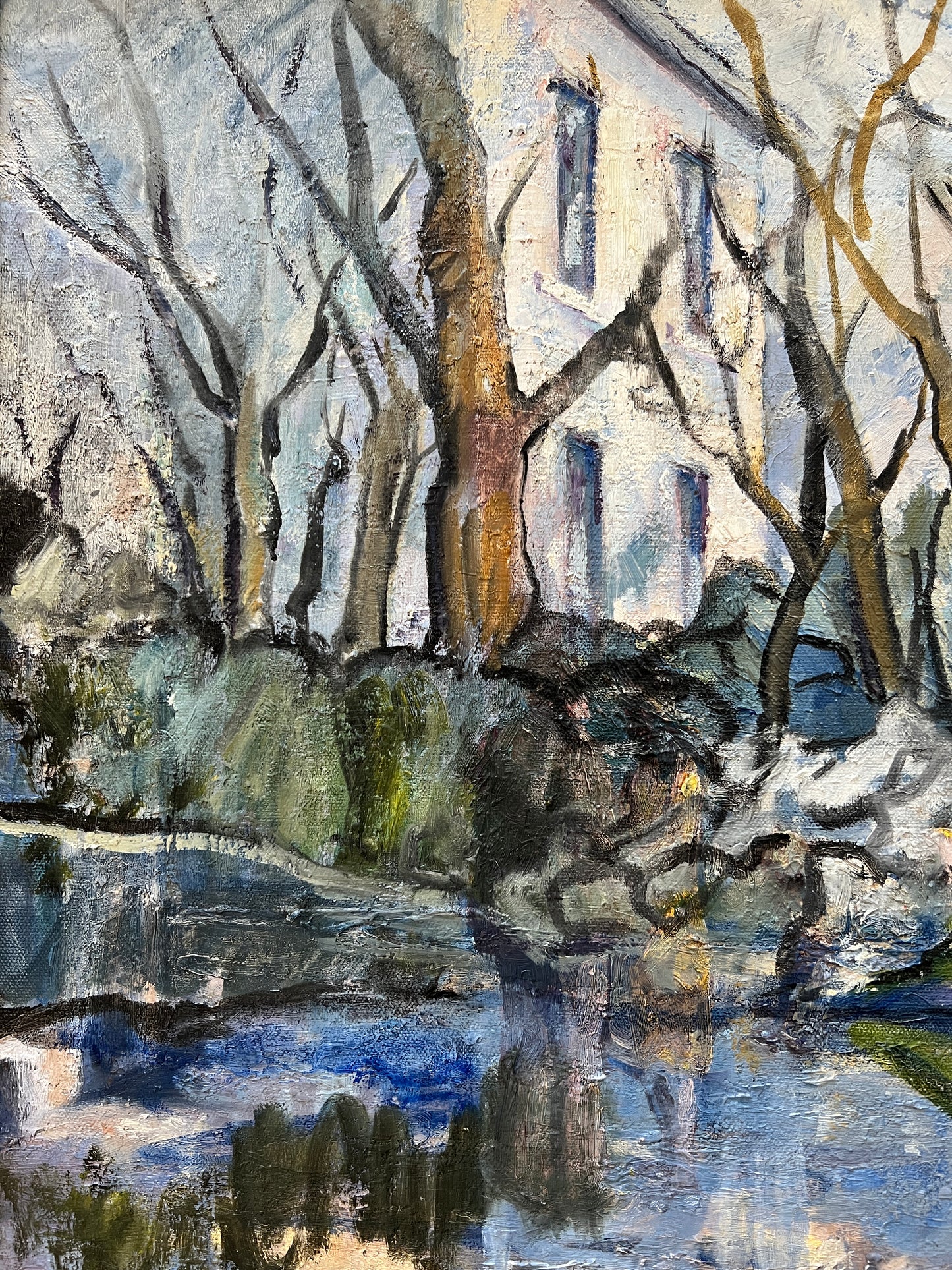 June Bevan "Blue Water" Landscape Oil Painting in Gold Frame