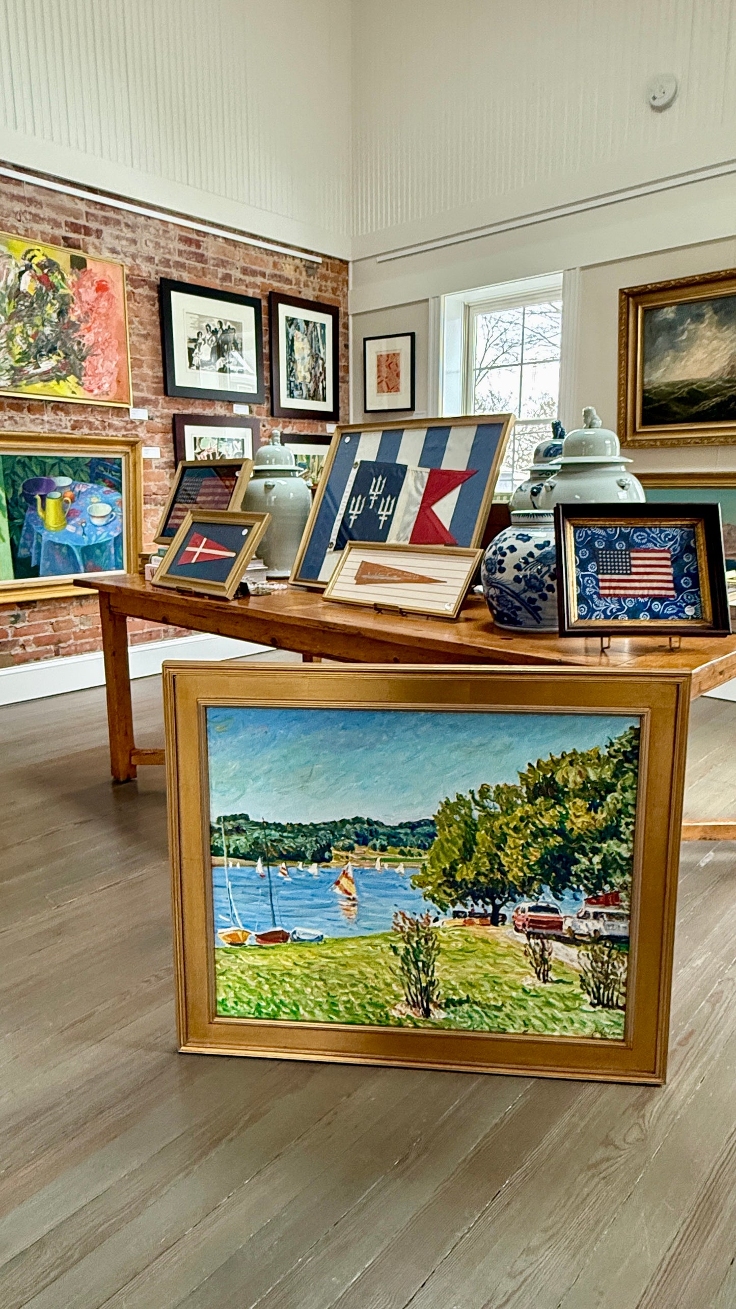 Edmund Jordan Coastal Lake Galena, June Morning Sailboats Oil Painting in Gold Frame