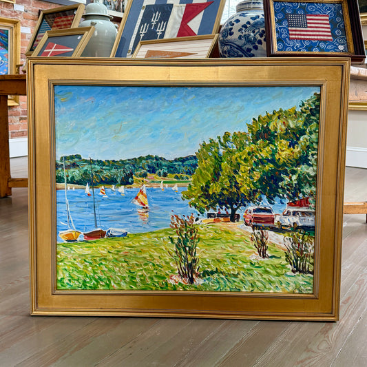 Edmund Jordan Coastal Lake Galena, June Morning Sailboats Oil Painting in Gold Frame
