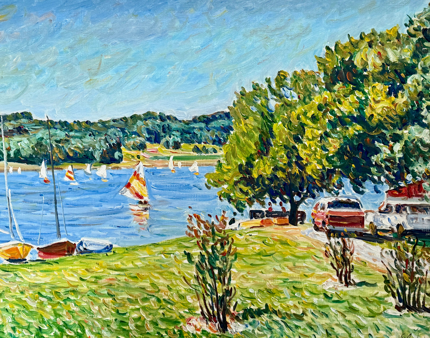 Edmund Jordan Coastal Lake Galena, June Morning Sailboats Oil Painting in Gold Frame