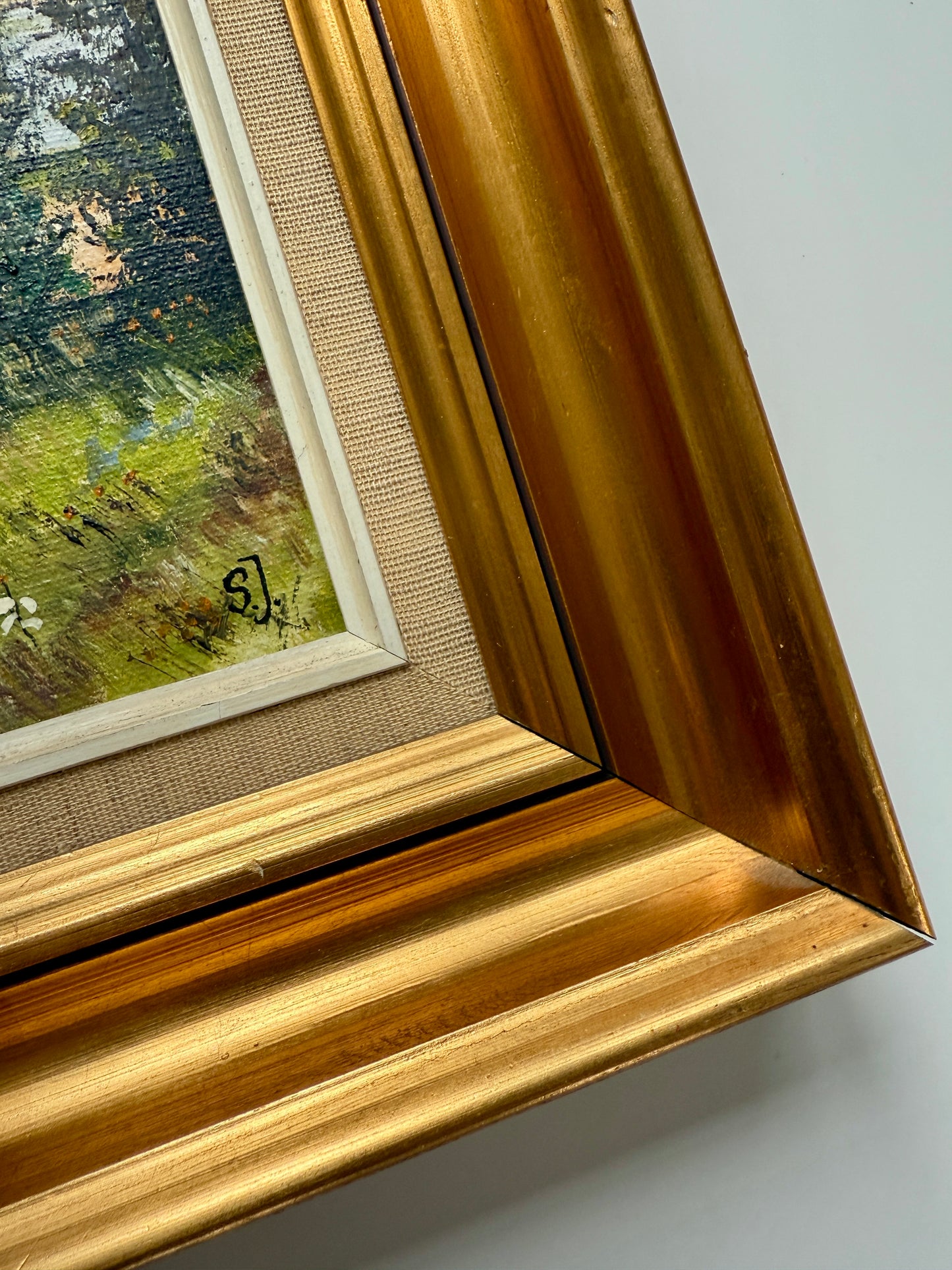 Vintage Cow in Waterside Meadow Landscape Oil Painting in Gold Frame