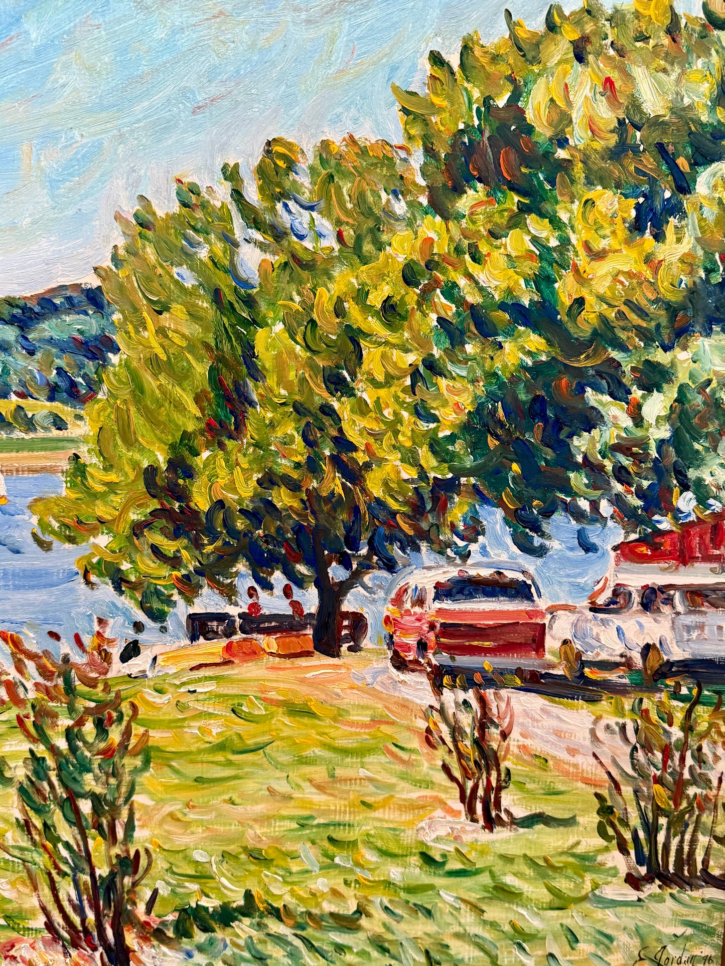 Edmund Jordan Coastal Lake Galena, June Morning Sailboats Oil Painting in Gold Frame
