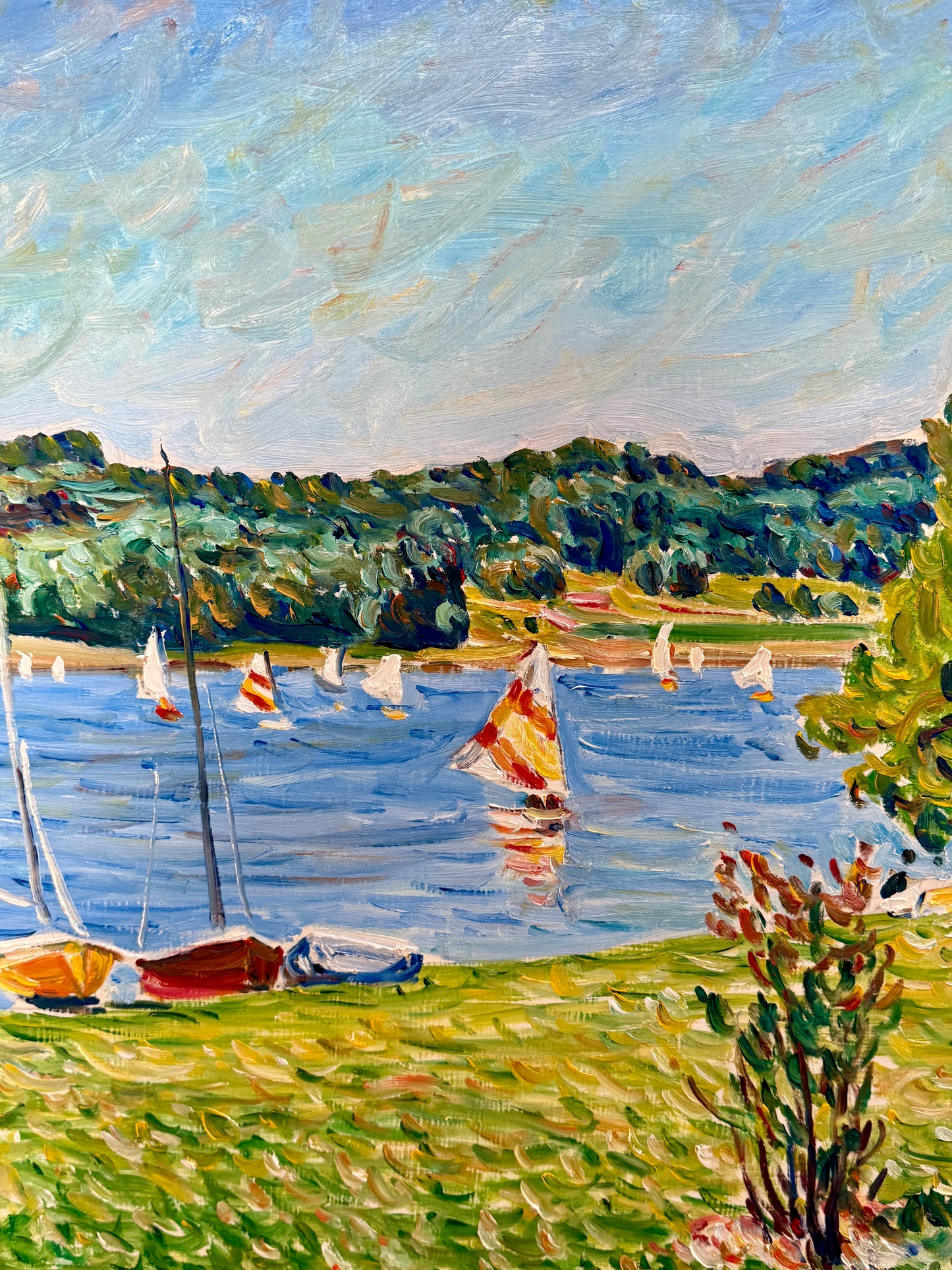 Edmund Jordan Coastal Lake Galena, June Morning Sailboats Oil Painting in Gold Frame