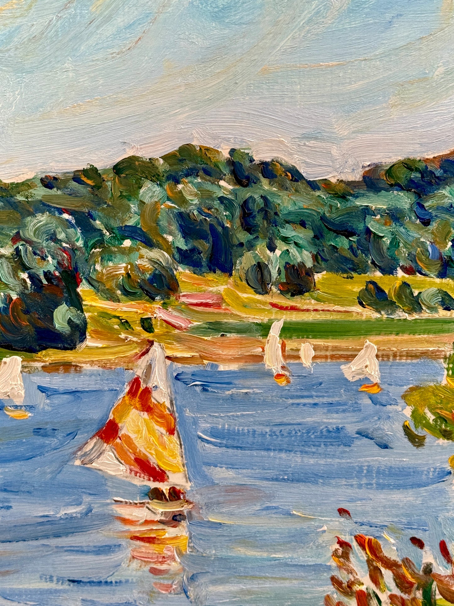 Edmund Jordan Coastal Lake Galena, June Morning Sailboats Oil Painting in Gold Frame