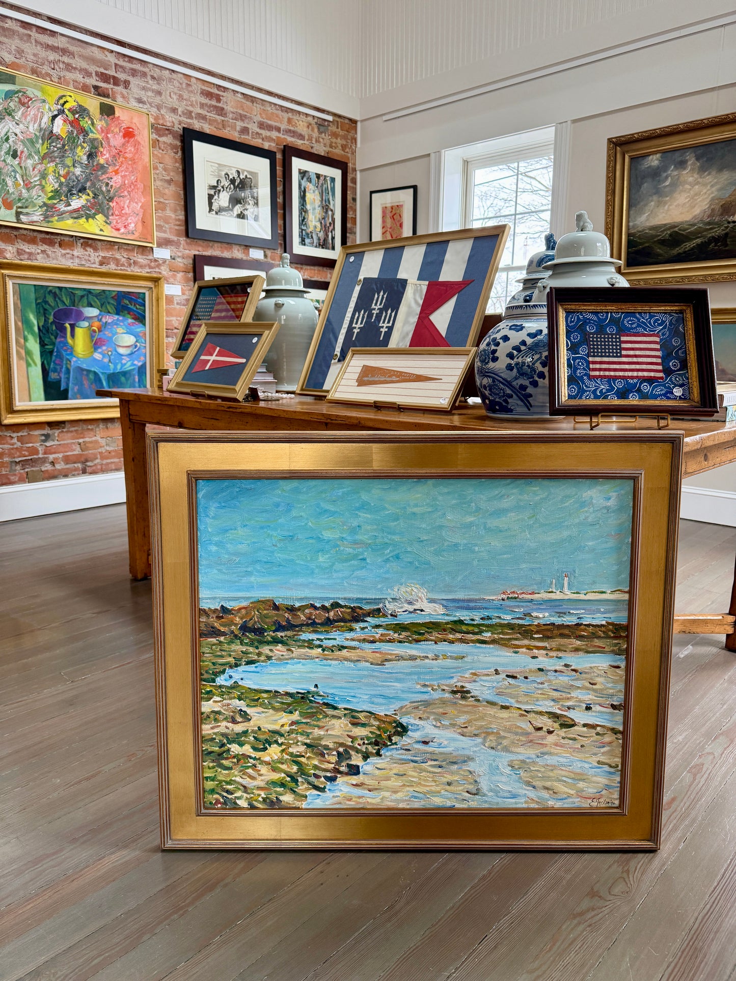 Edmund Jordan Low Tide Morning, West Cape May, 1994 Coastal Landscape Sailboats Oil Painting in Gold Frame