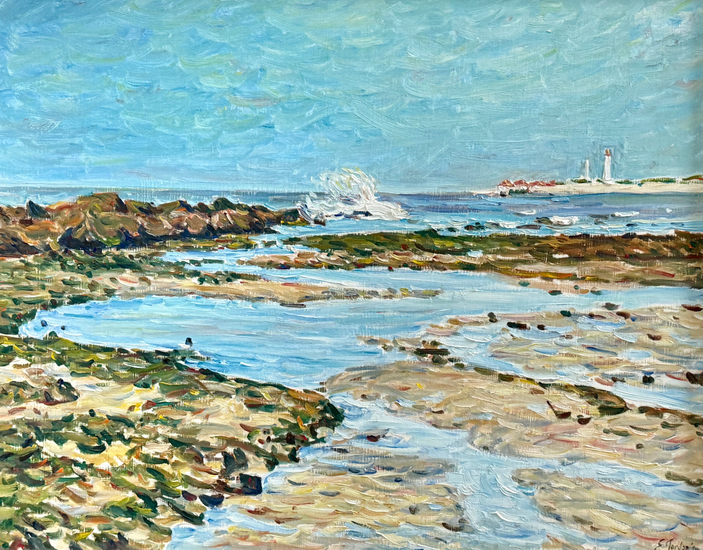 Edmund Jordan Low Tide Morning, West Cape May, 1994 Coastal Landscape Sailboats Oil Painting in Gold Frame