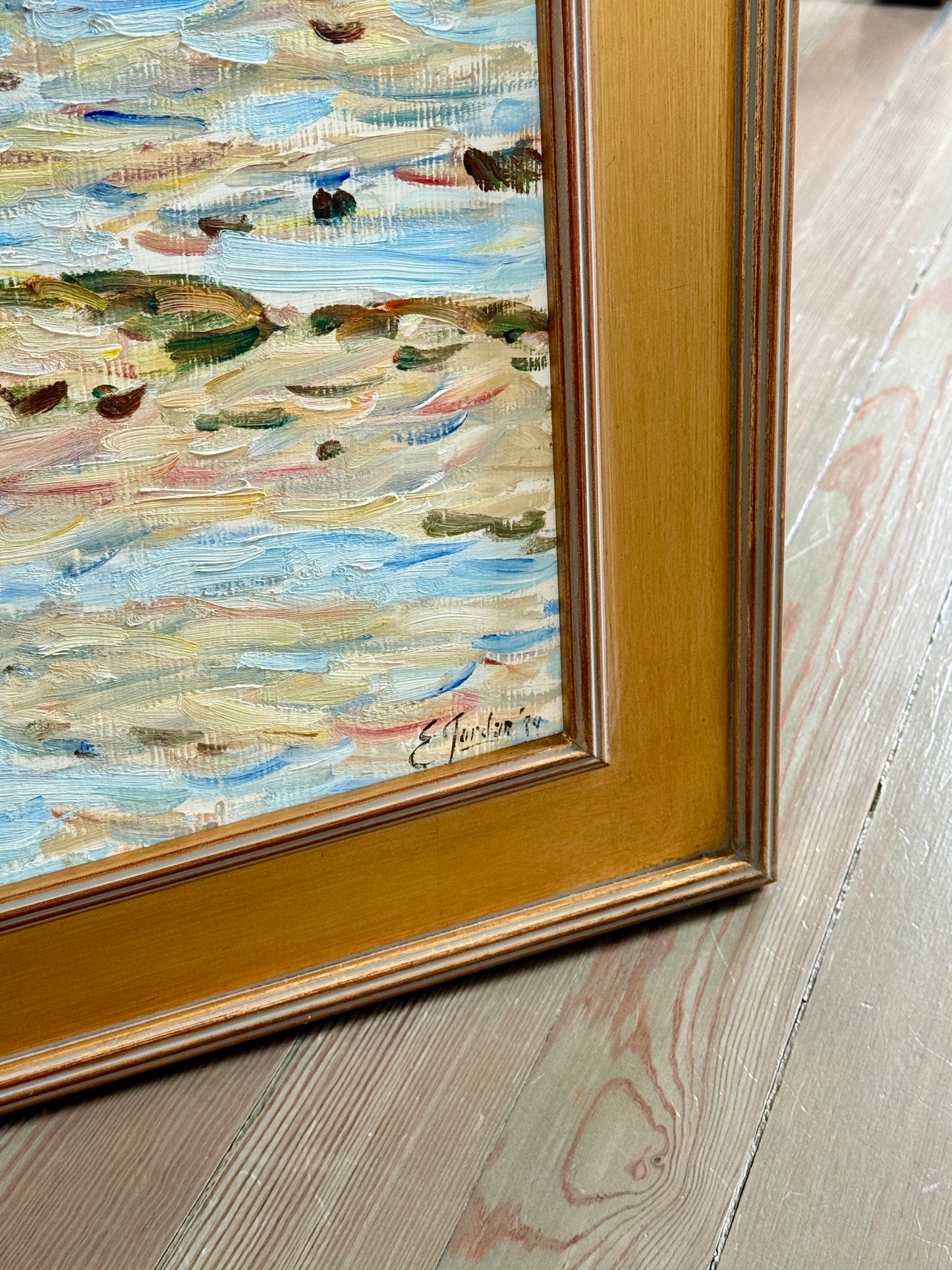 Edmund Jordan Low Tide Morning, West Cape May, 1994 Coastal Landscape Sailboats Oil Painting in Gold Frame
