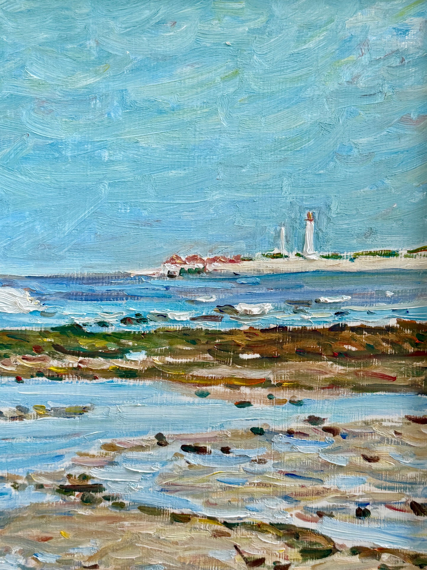 Edmund Jordan Low Tide Morning, West Cape May, 1994 Coastal Landscape Sailboats Oil Painting in Gold Frame