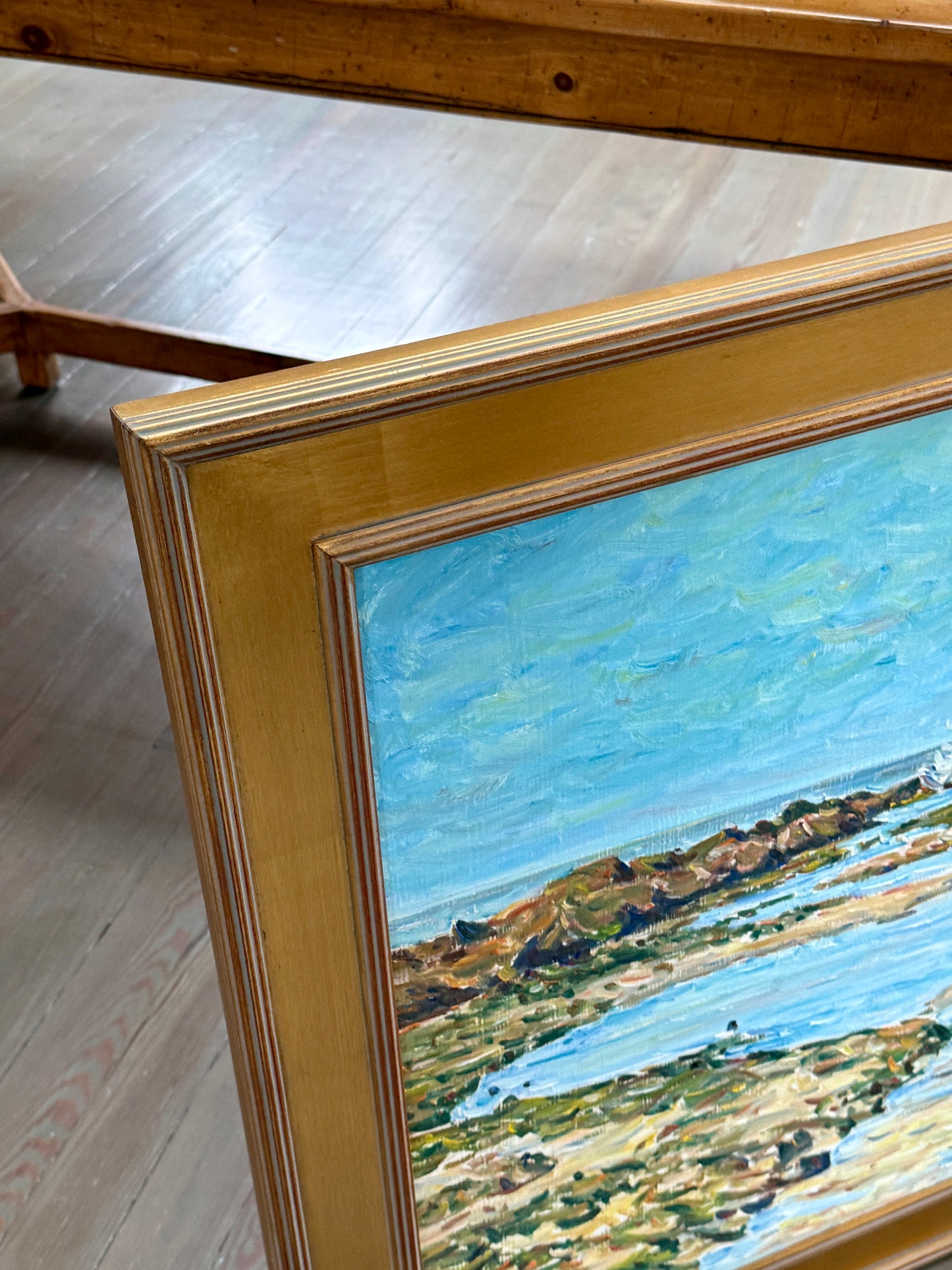 Edmund Jordan Low Tide Morning, West Cape May, 1994 Coastal Landscape Sailboats Oil Painting in Gold Frame