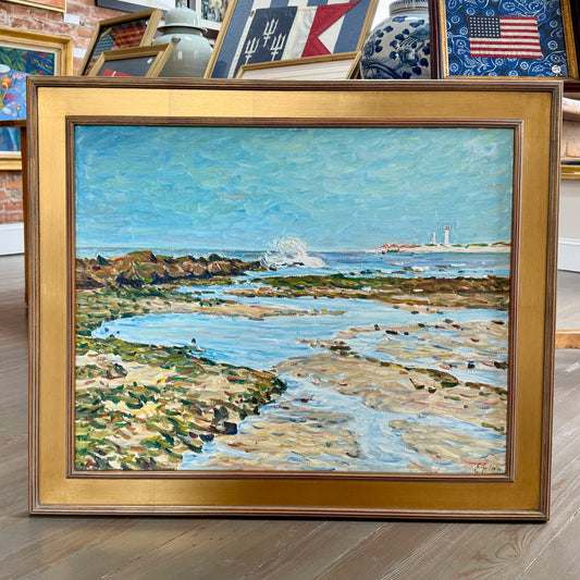 Edmund Jordan Low Tide Morning, West Cape May, 1994 Coastal Landscape Sailboats Oil Painting in Gold Frame