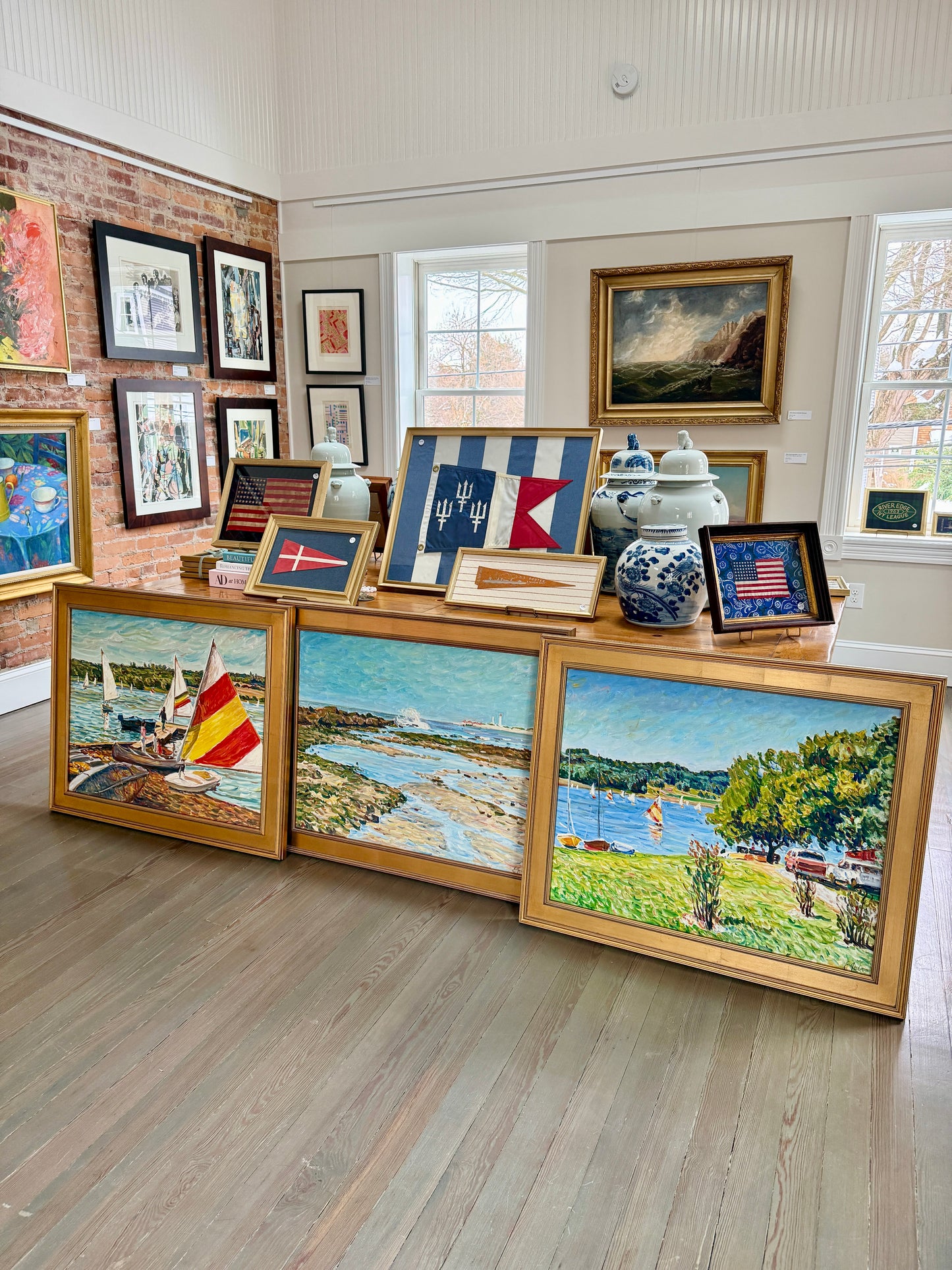Edmund Jordan Coastal September Afternoon, Lake Galena Sailboats Oil Painting in Gold Frame