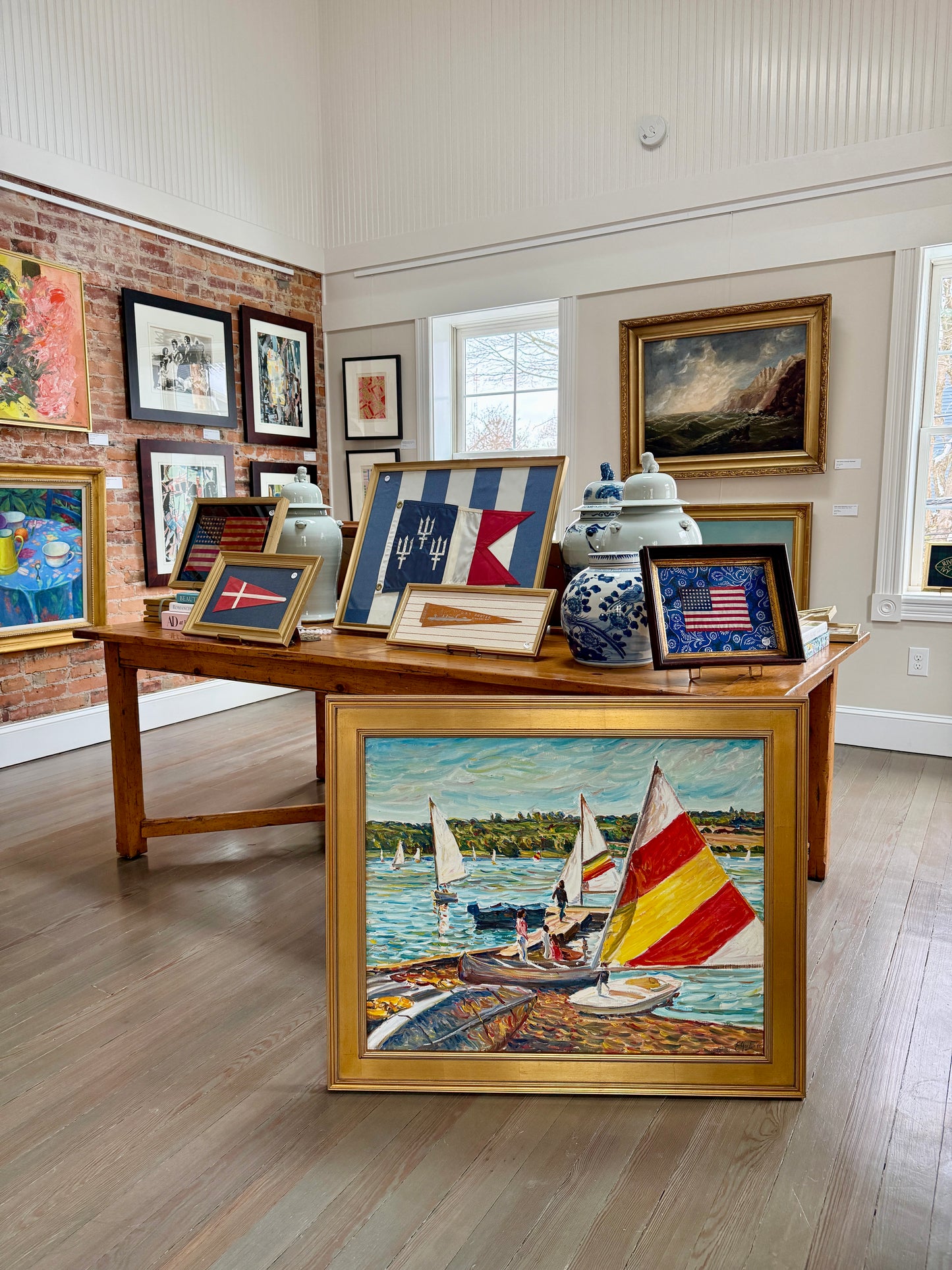 Edmund Jordan Coastal September Afternoon, Lake Galena Sailboats Oil Painting in Gold Frame