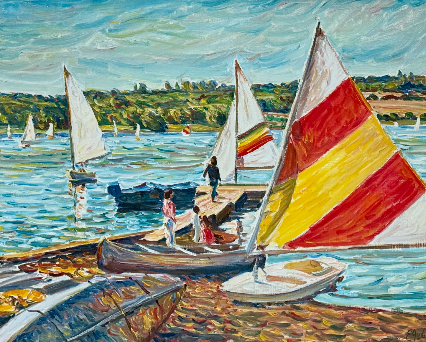 Edmund Jordan Coastal September Afternoon, Lake Galena Sailboats Oil Painting in Gold Frame