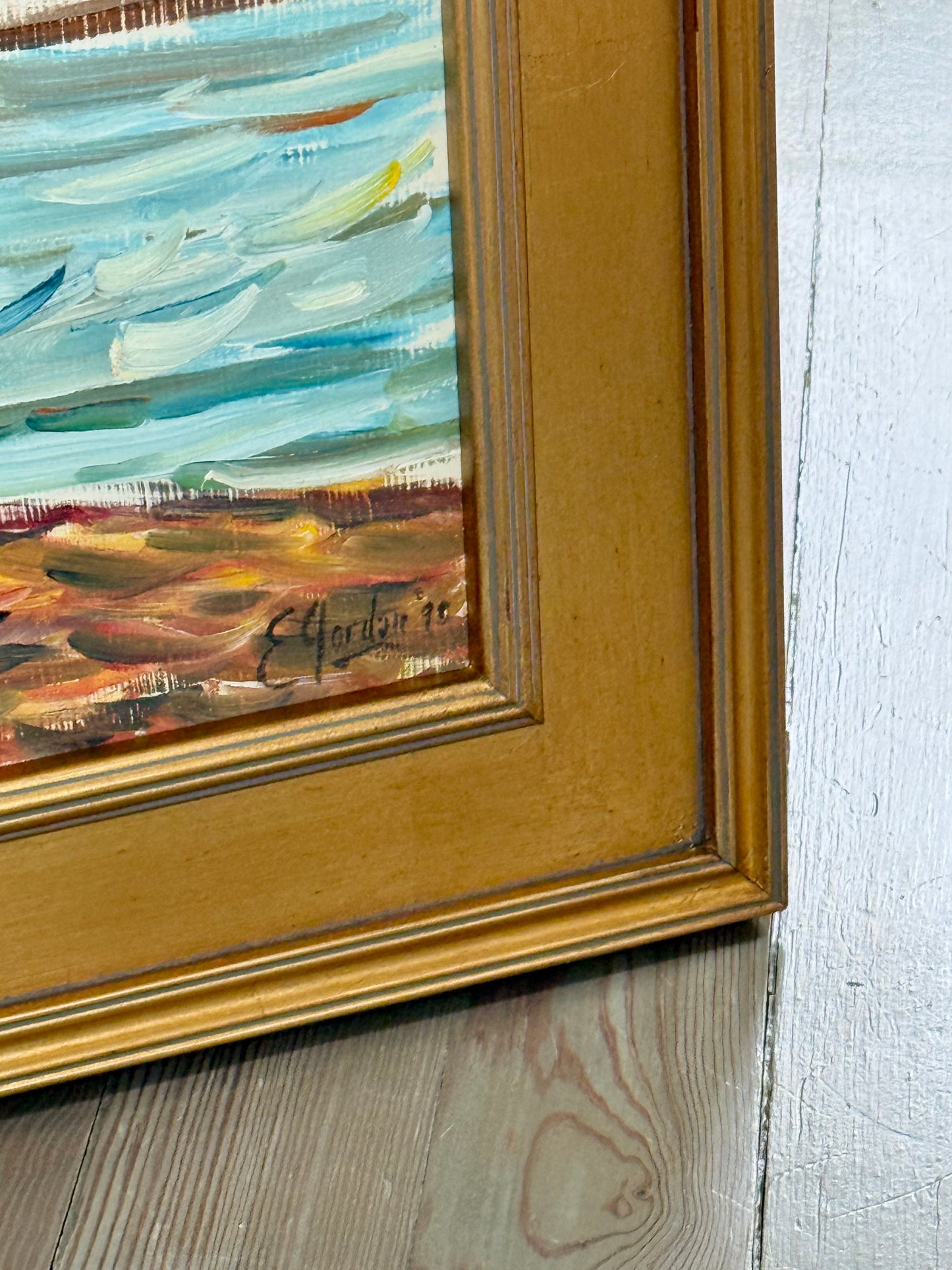 Edmund Jordan Coastal September Afternoon, Lake Galena Sailboats Oil Painting in Gold Frame