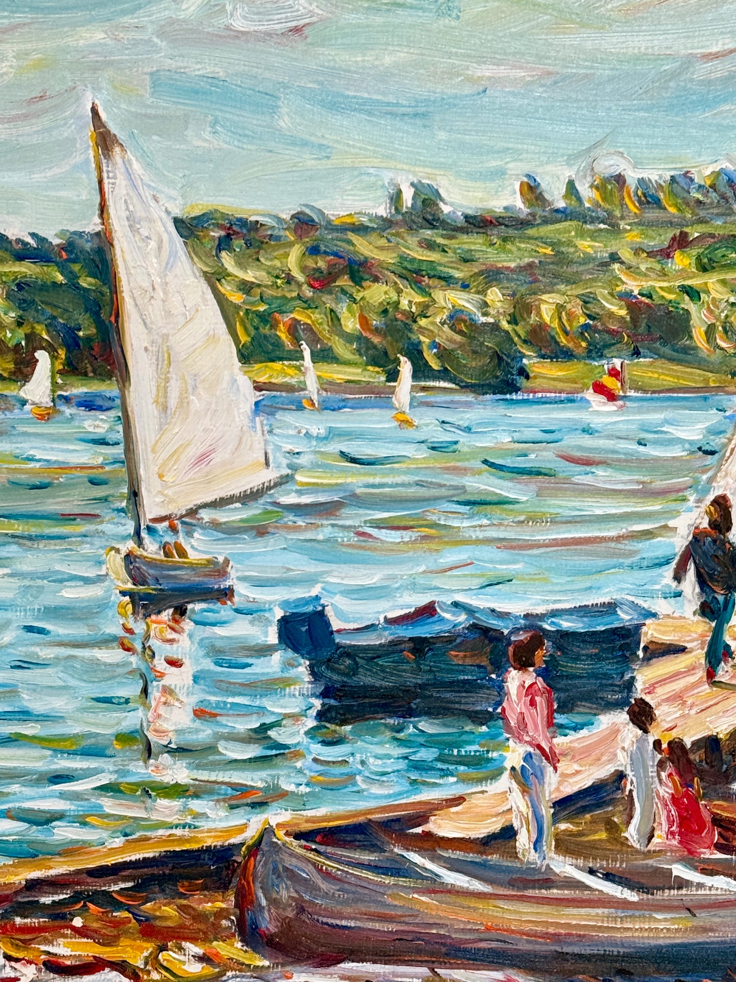 Edmund Jordan Coastal September Afternoon, Lake Galena Sailboats Oil Painting in Gold Frame