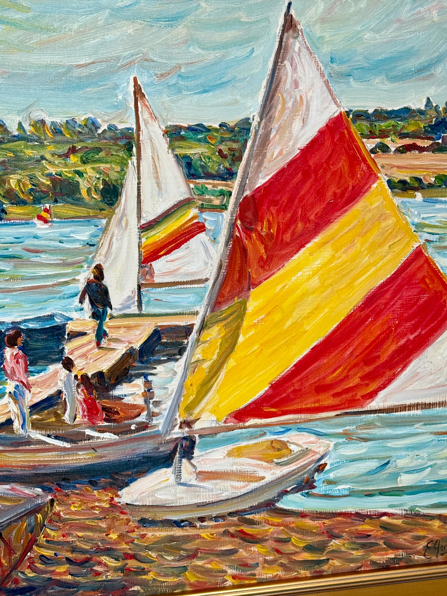 Edmund Jordan Coastal September Afternoon, Lake Galena Sailboats Oil Painting in Gold Frame
