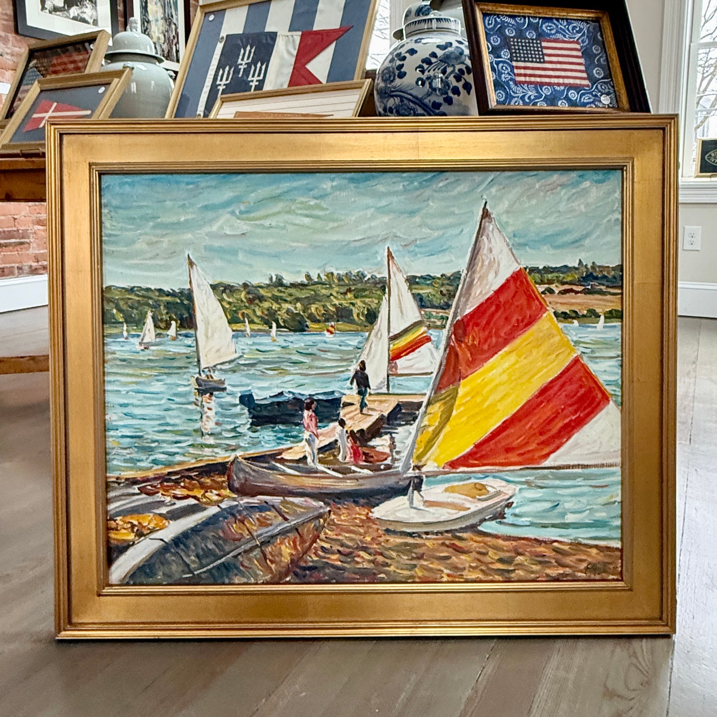 Edmund Jordan Coastal September Afternoon, Lake Galena Sailboats Oil Painting in Gold Frame