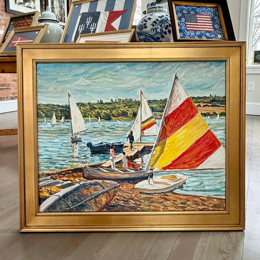 Edmund Jordan Coastal September Afternoon, Lake Galena Sailboats Oil Painting in Gold Frame