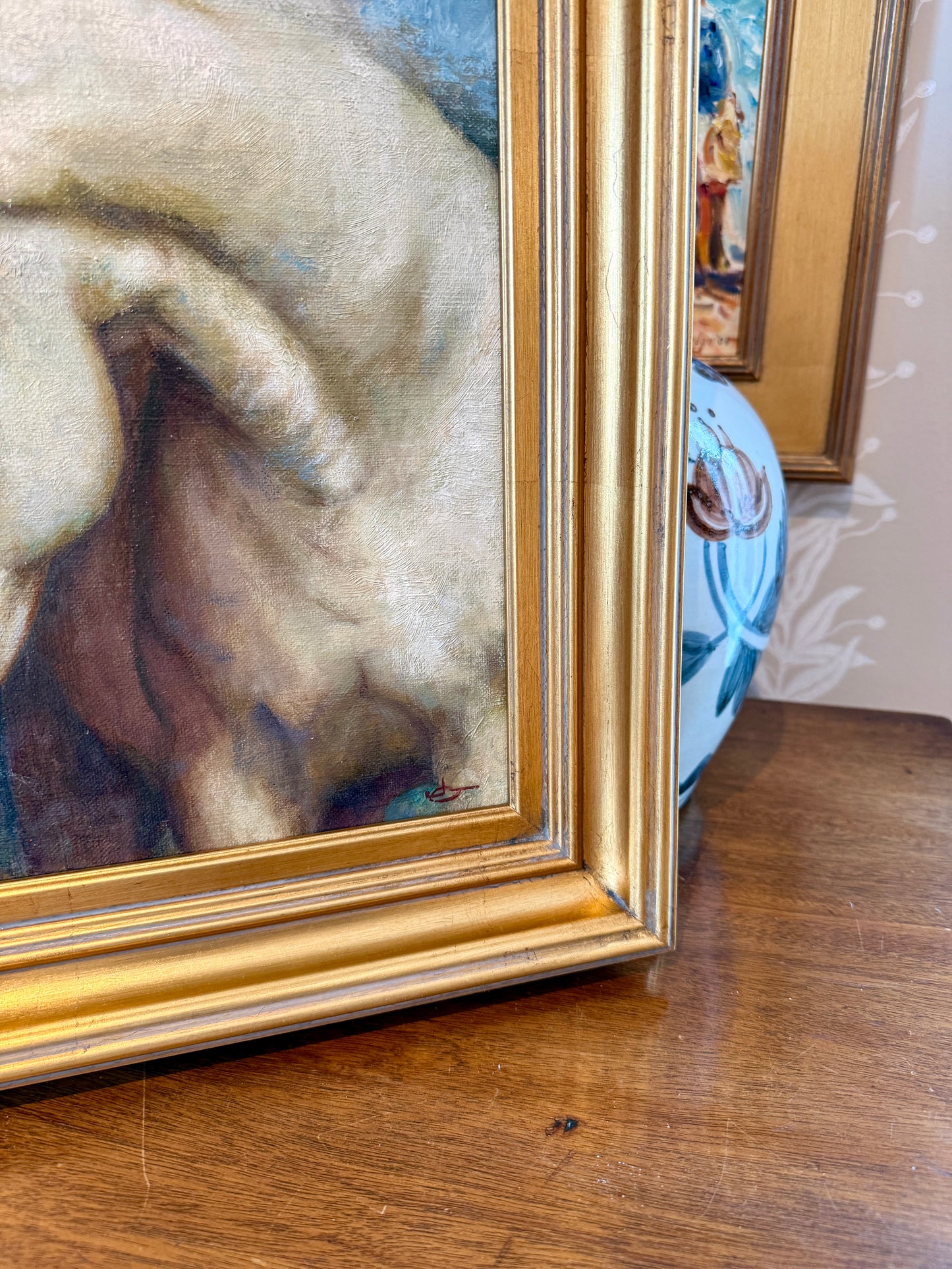 Jody Gerber After the Ride Horse Portrait Oil Painting in Gold Frame