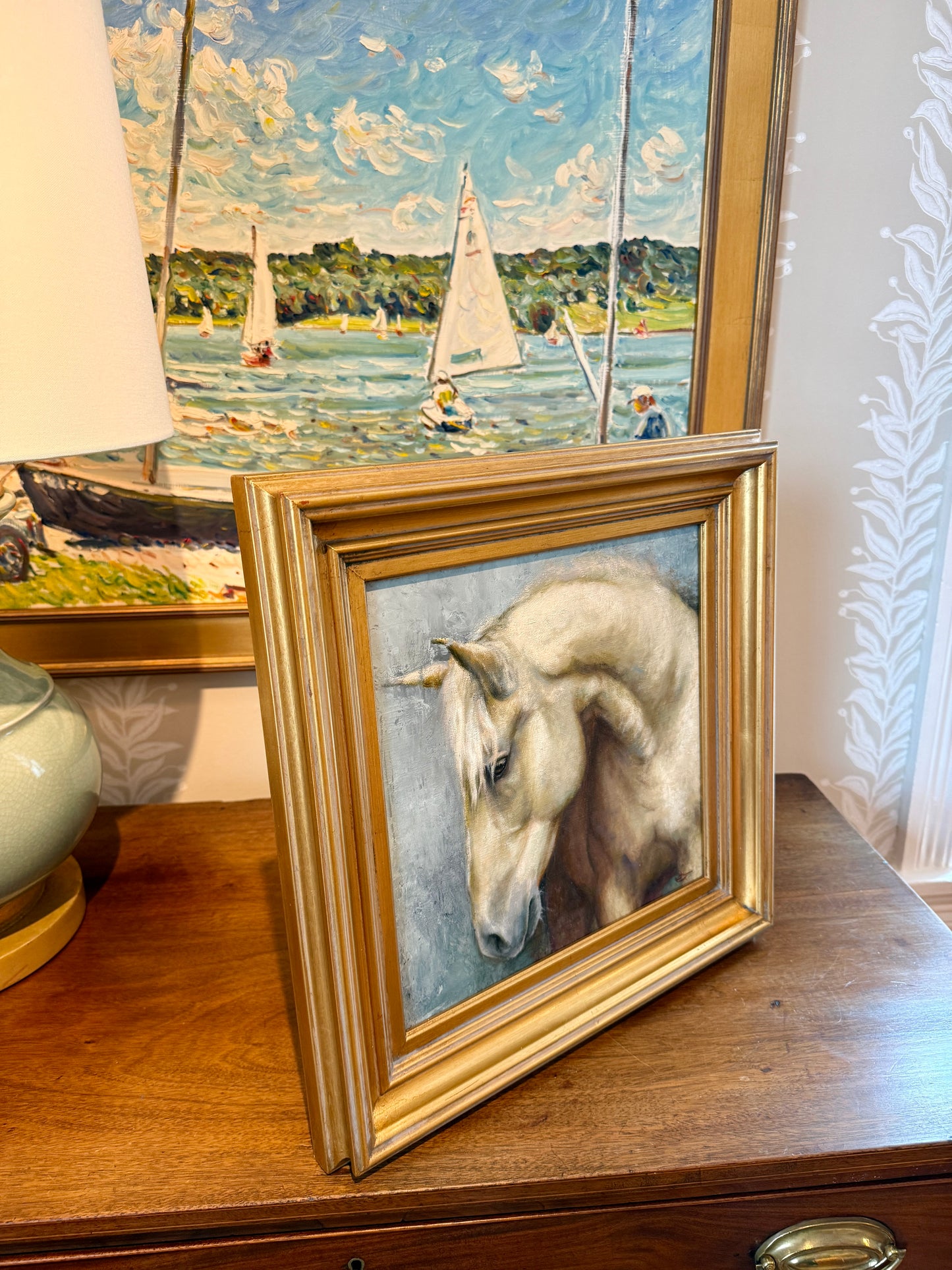 Jody Gerber After the Ride Horse Portrait Oil Painting in Gold Frame
