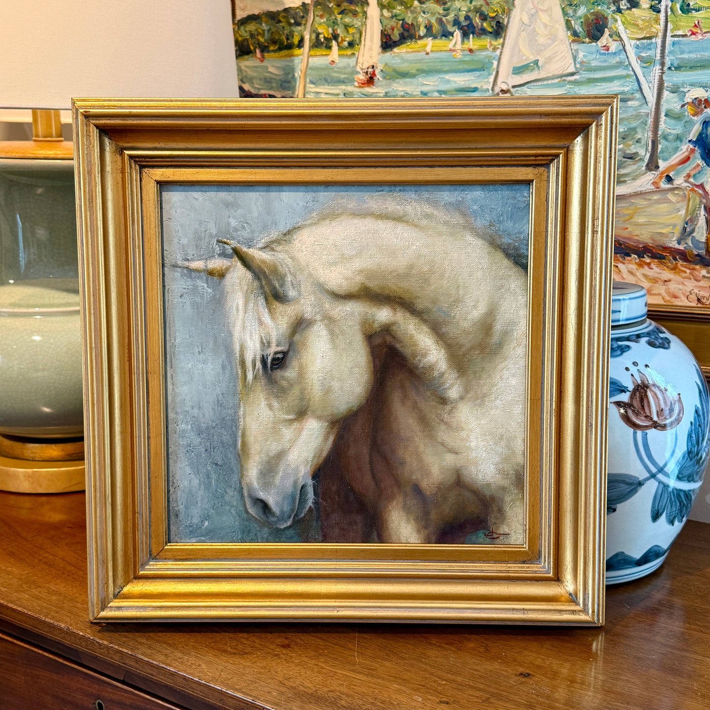 Jody Gerber After the Ride Horse Portrait Oil Painting in Gold Frame